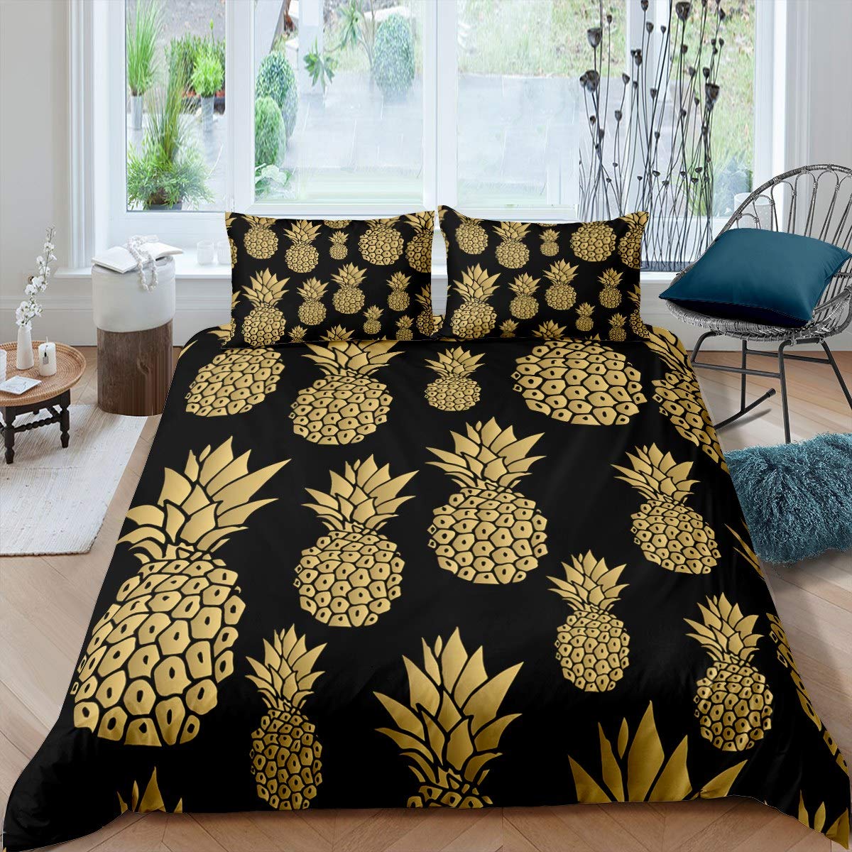 Loussiesd Boys Multicoloured 600 Pineapple Bedding Set Tropical Fruit Print Duvet Cover Fresh Pineapple Pattern Comforter Cover For Children Kids Girls Luxury Bedspread Gold Black Room Decor Bedclothes King Size