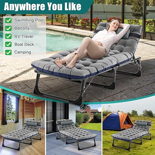 Vista 19 de DoCred Sillón plegable con colchón, cama plegable ajustable de 5 posiciones, tumbona perfecta para tomar el sol, campamento, piscina, playa, patio