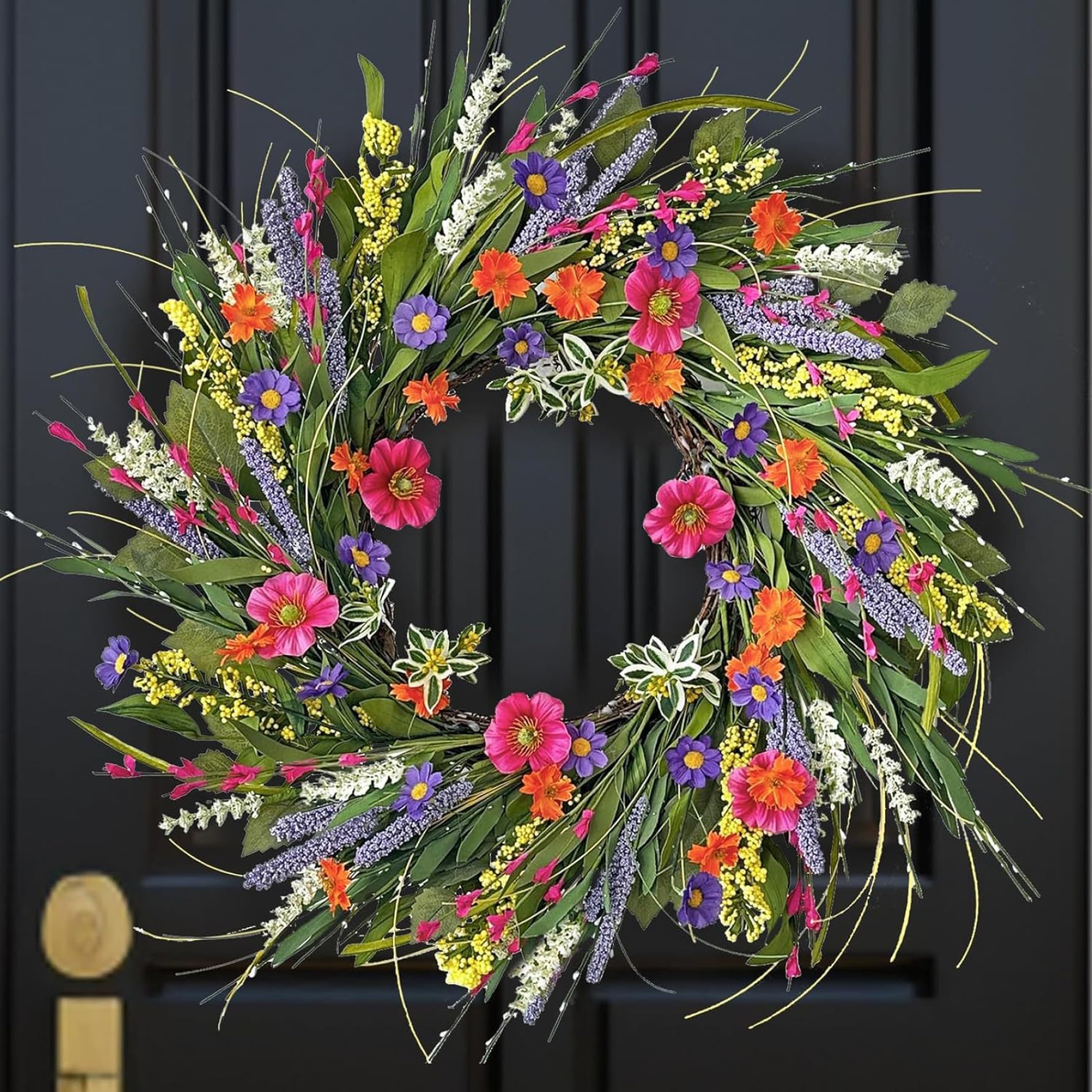 Faticenic Assorted Color Wildflower Wreath For Front Door, 16 Inch Colorful Spring Wreath With Realistic Silk Flowers, Summer Wreaths For Year-Round Home Decor, Décorations De Maison