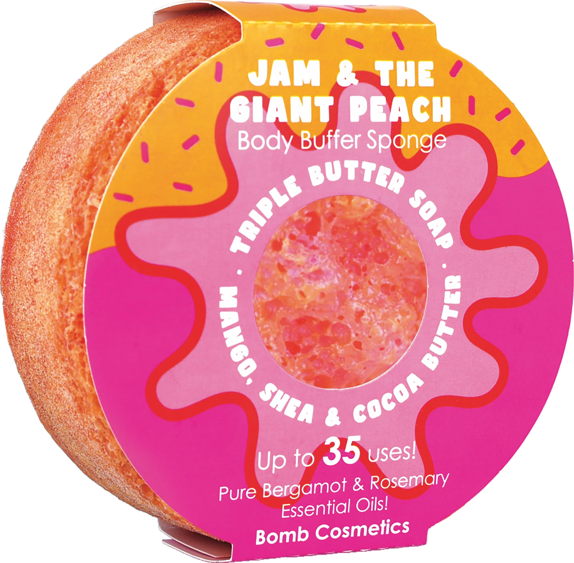 Bomb Cosmetics Body Buffer Soap Infused Sponge 2 in 1 Cleanse Exfoliate Moisturising Triple Butter Soap Sponge with Soap Inside Jam & The Giant Peach
