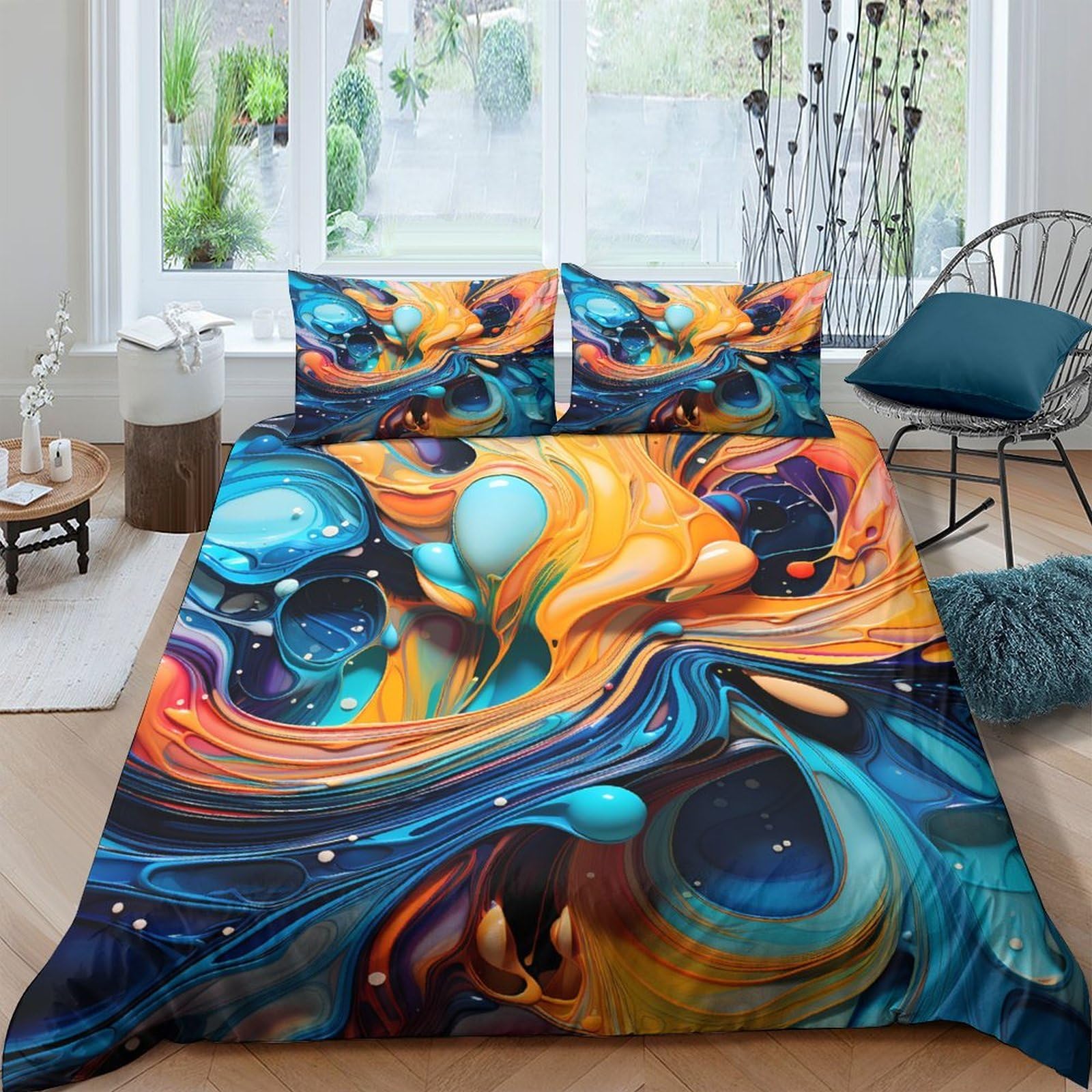 Ctjqhvkz Style-6 3D Printed Abstract Swirl Fitted Sheet Microfiber Soft Blue Orange Wave Mattress Cover For Bedroom Guest Room Decor Single（135X200cm）