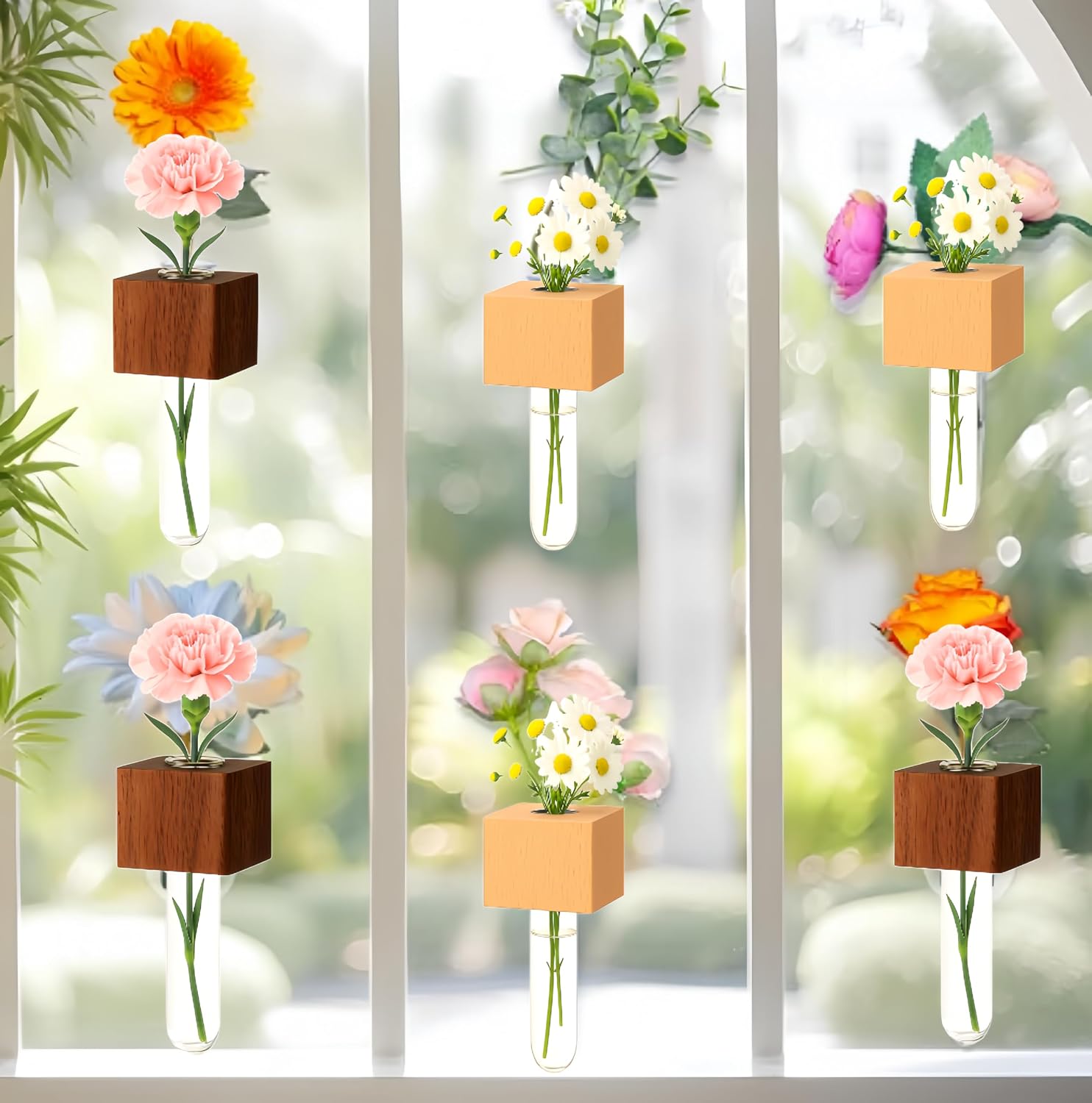 6PCS Mini Plant Propagation Station Set - Glass Test Tube Vases with Magnet and Adhesive Backed Wooden Holders for Window, Fridge, Wall, Office, Kitchen Decor, Home Plant Display