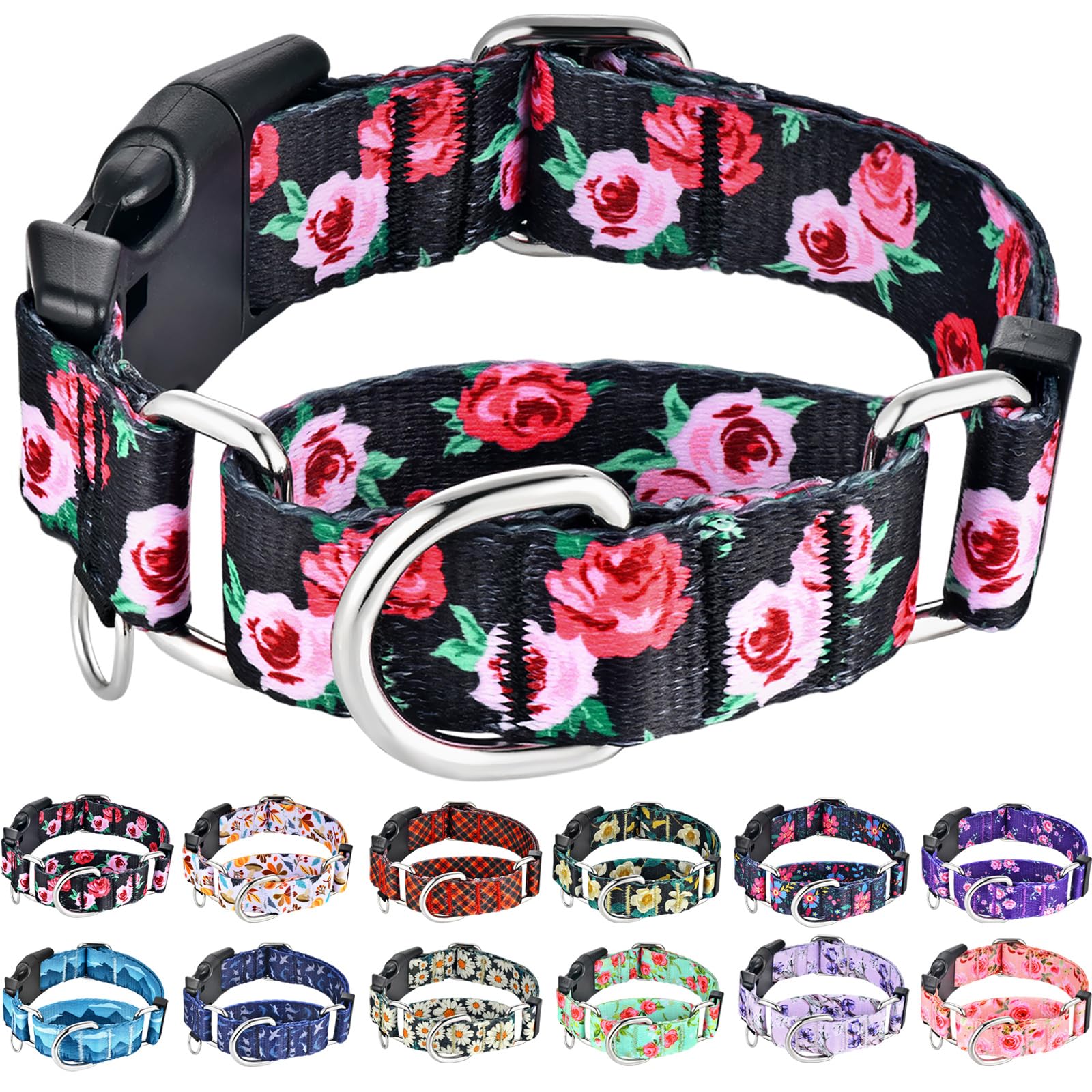 Fidohug Martingale Collar for Dogs Pink Floral Dog Collars for Small Dogs with Buckle Girl Female Soft Nylon Dog Collar (Black Pink Rose, S)
