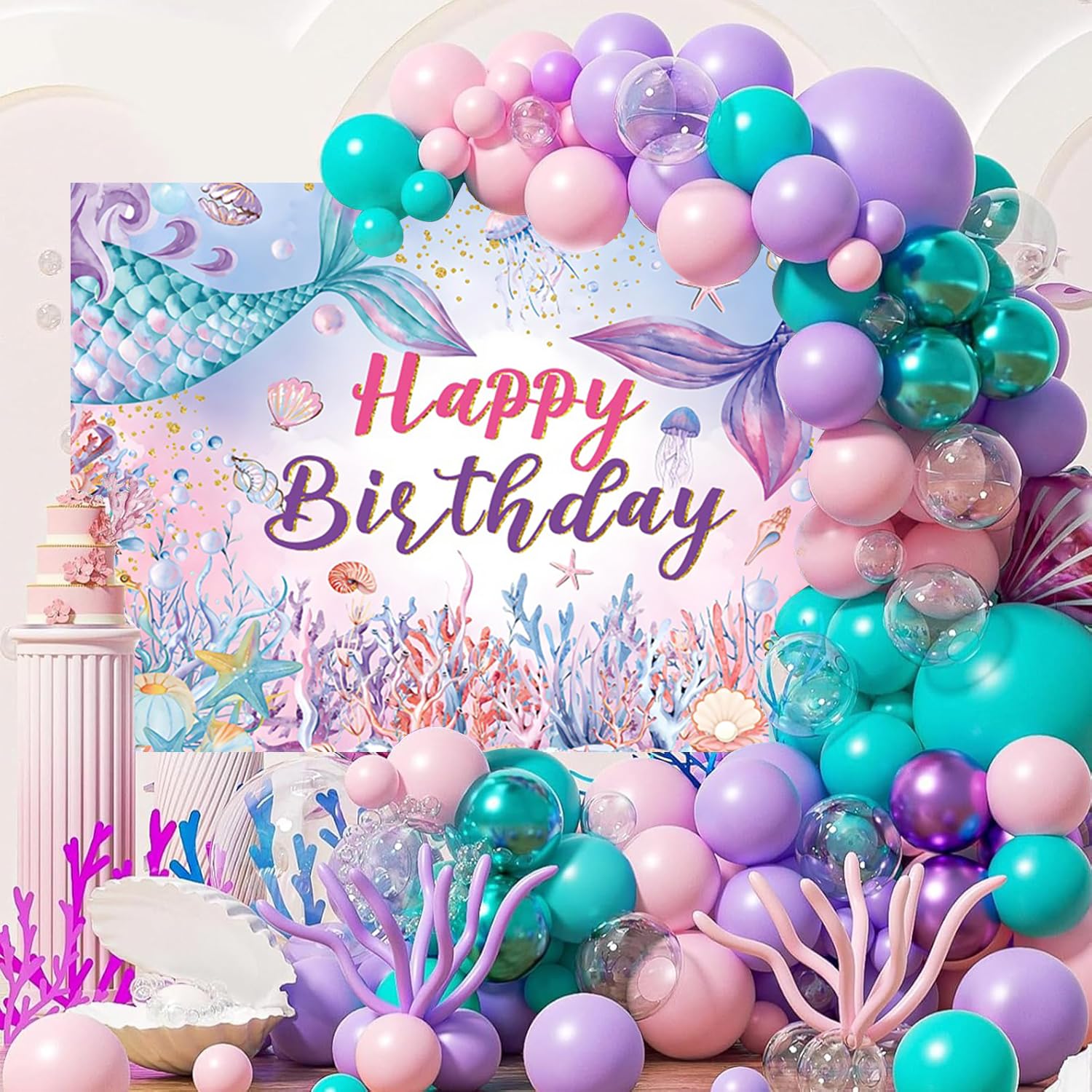 MIRRORANG Sfondo Rotondo Sirena Scale per Ragazze Felice Festa di Compleanno Baby Shower Decorativo Blu Viola Oceano Sirena Tema Fotografia Poliestere