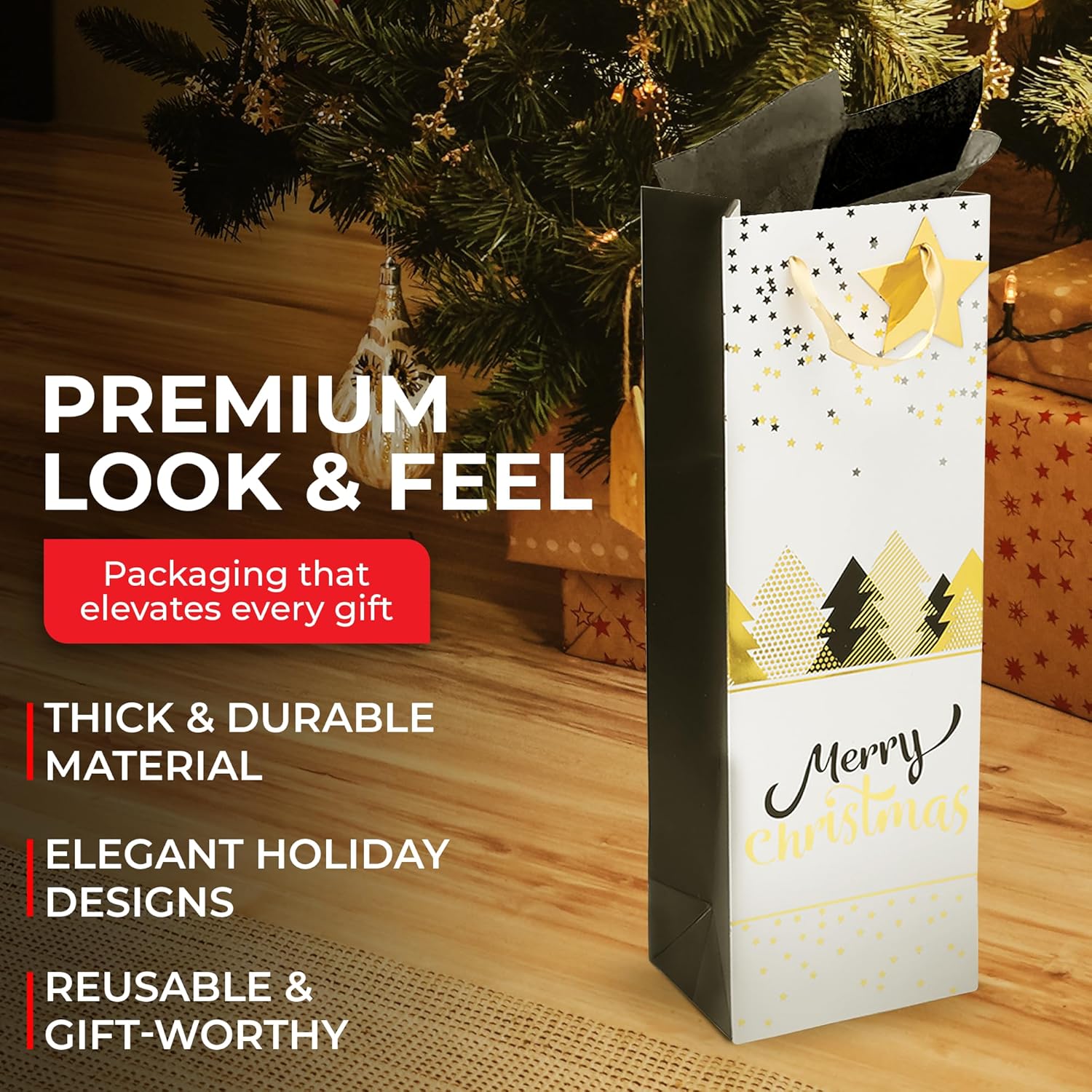 RACHELLE'S Christmas Wine Bags – 14"x5"x4" (2-Pack) – Sturdy Paper Gift Bags with Tissue Paper, Tag and Handle – Holiday Trees Design – Perfect for Christmas Holiday Gifting & Party Favors - Image 5