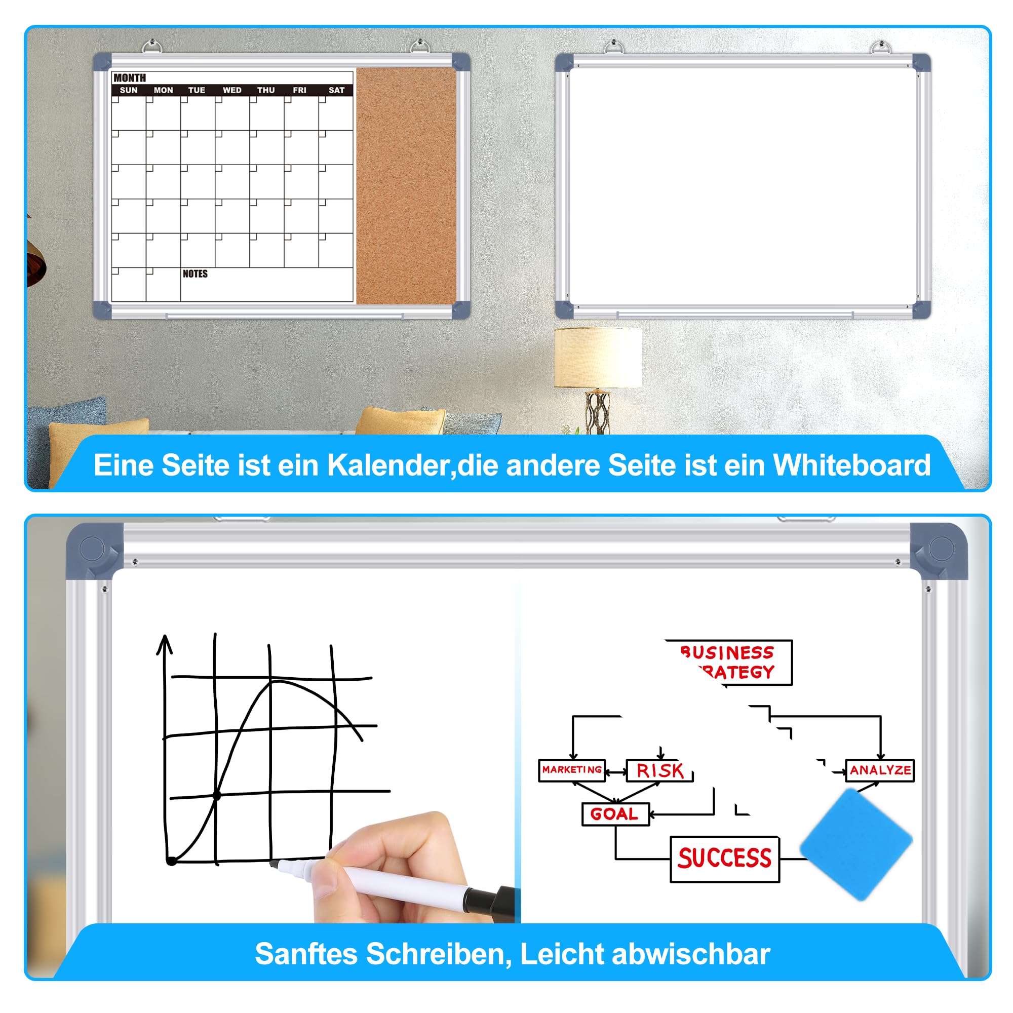 Monatsplaner Whiteboard Magnetisch, Doppelseitige Magnet Pinnwand