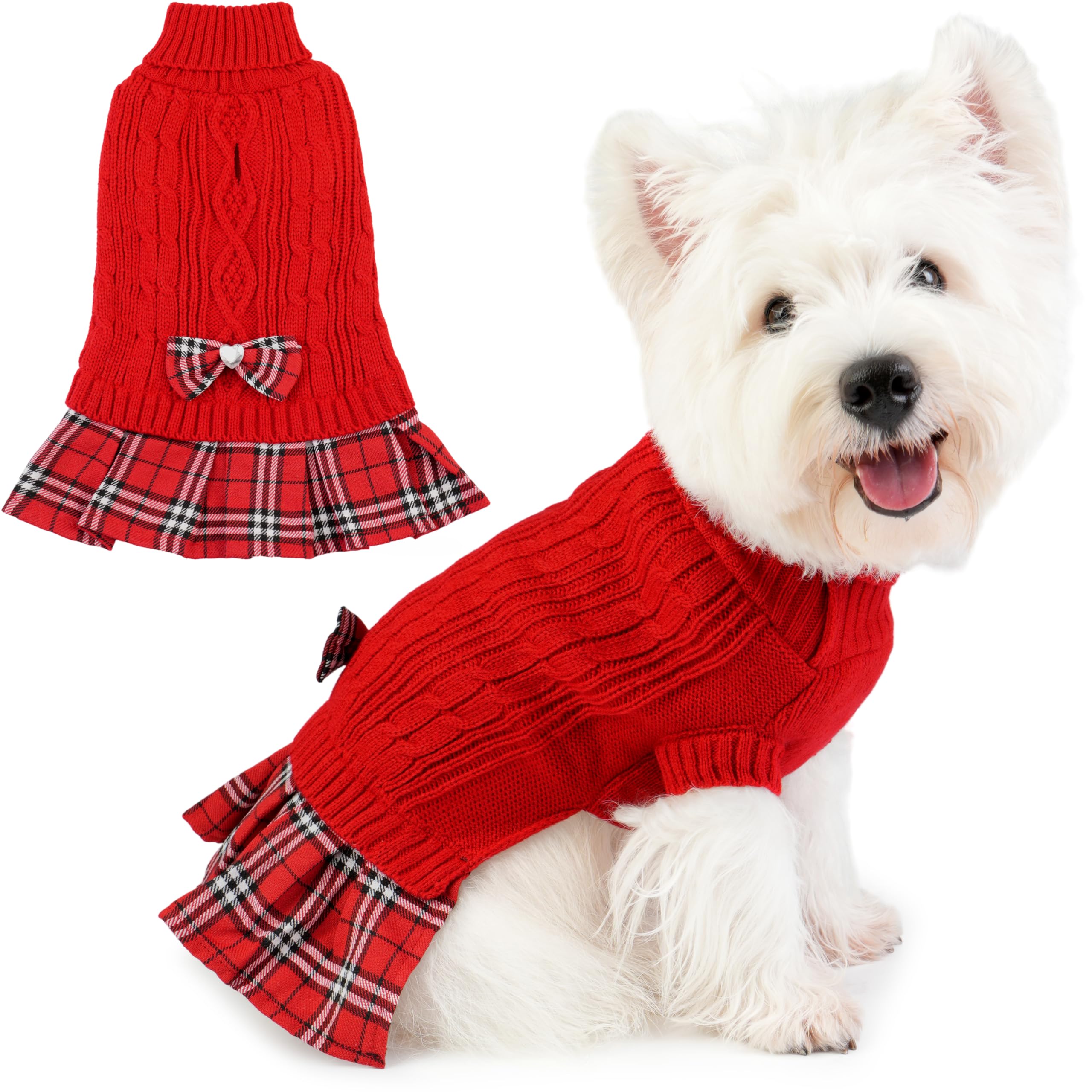Small Dog Sweater Dress with Bowtie Warm Turtleneck Girl Dog Clothes in Winter Knitted Pet Pullover for Puppy Doggie Chihuahua Yorkie Cat Sweater for Christmas Birthday (Red, M)