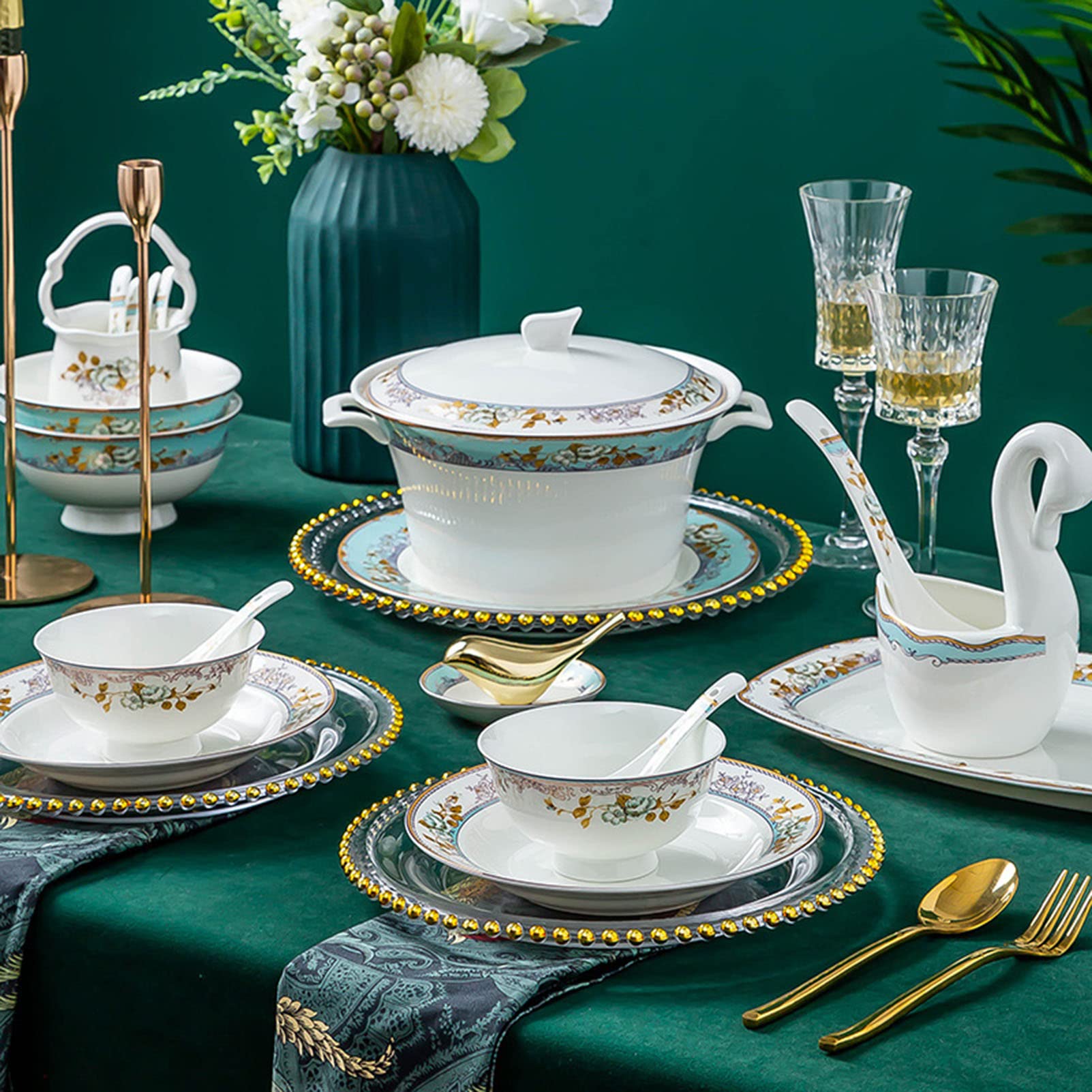 Zestaw Obiadowy, 60-Częściowy Zestaw Naczyń Obiadowych Z Porcelany Kostnej Dla 10 Osób, Komplet Obiadowy, Elegancka Zastawa Stołowa, Można Myć W Zmywarce, Seria Kwiatowa