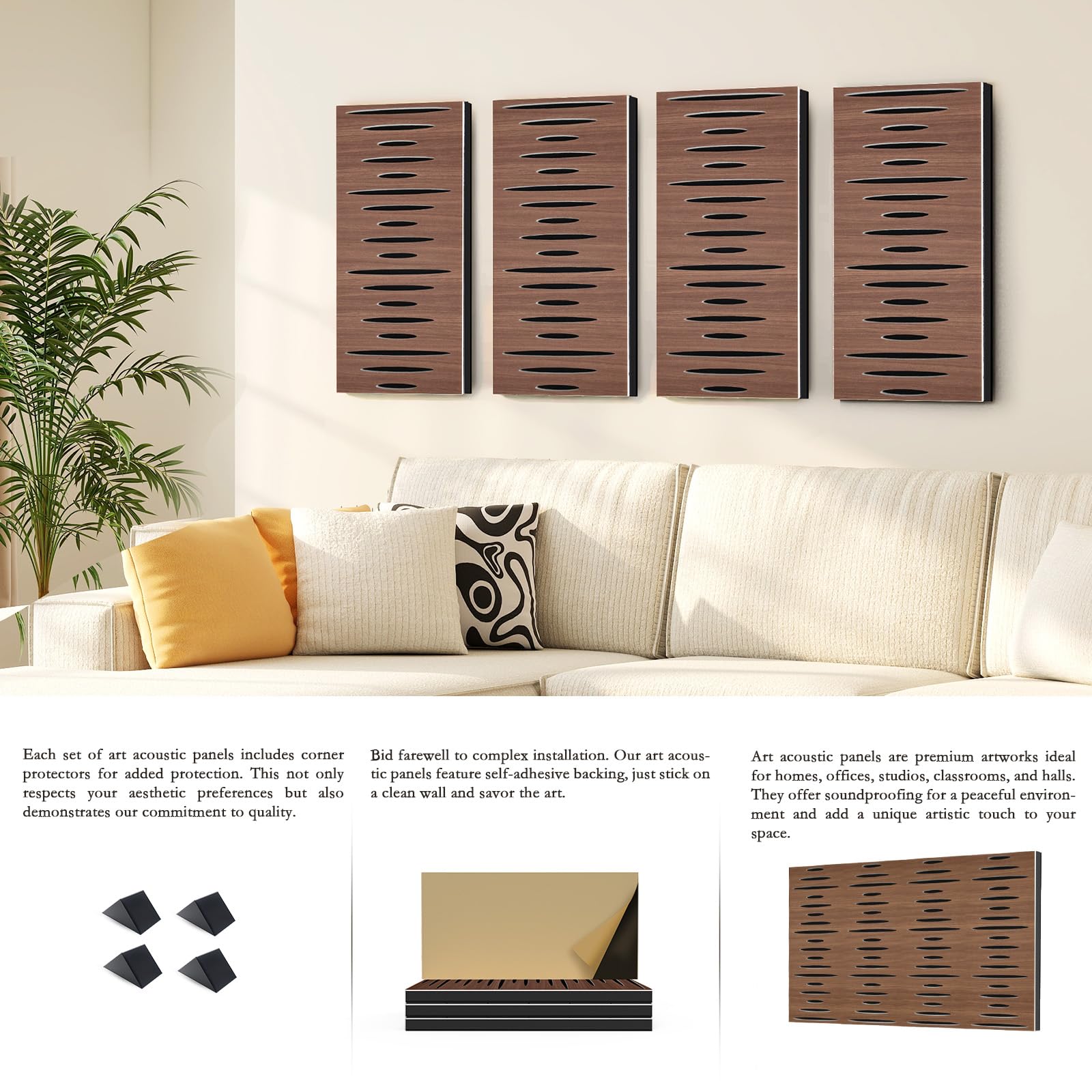 Paquete de 4 paneles de pared acústicos autoadhesivos de espuma insonorizada para pared, aislamiento acústico decorativo de fibra de poliéster perforado 3D para estudio de grabación, 24 x 12 x 1.78