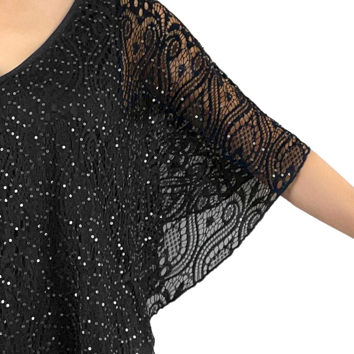 Brittany Black Women’s V-Neck 3/4 Sleeve Lace Poncho Floral Print Knit Blouse - Image 4