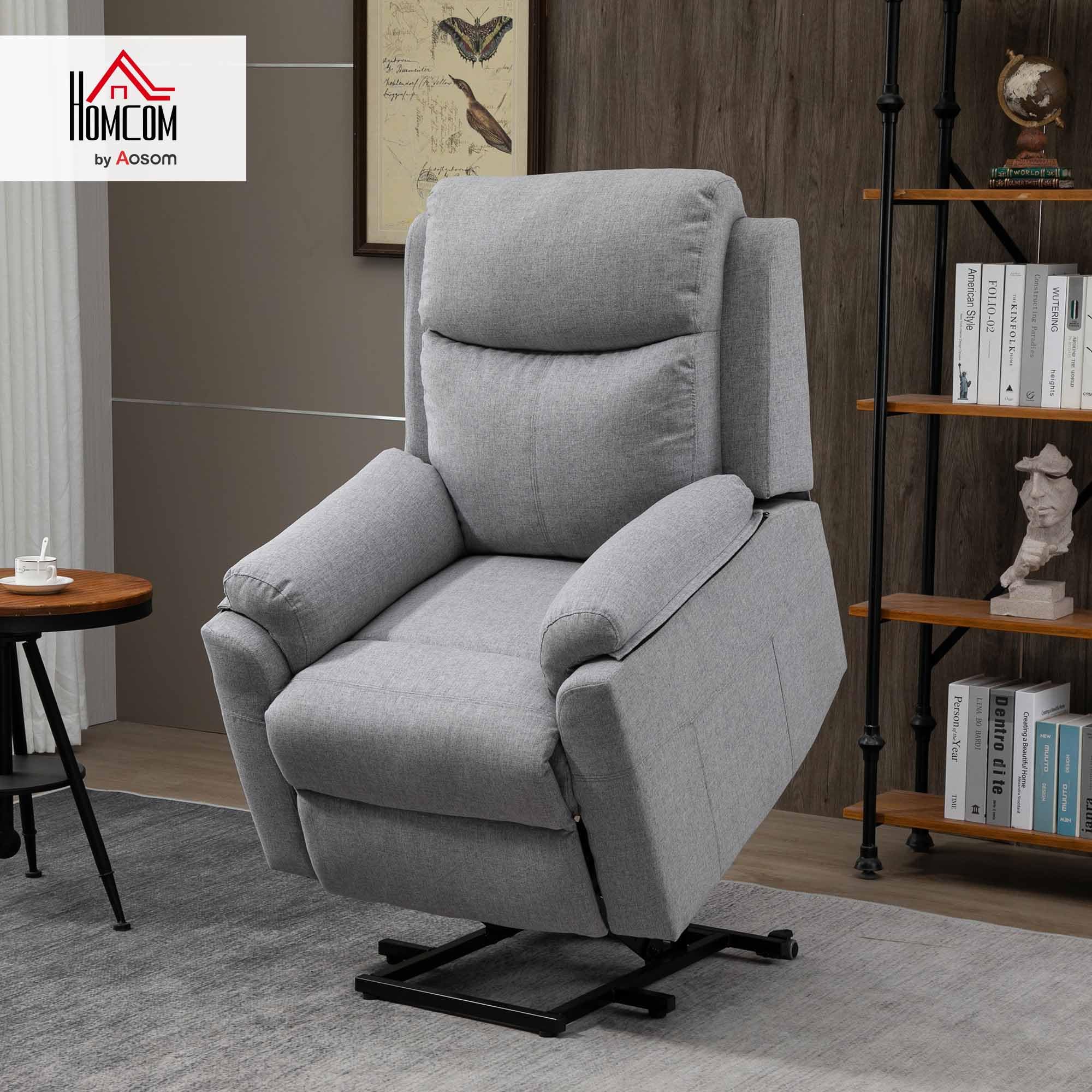 HOMCOM Poltrona Elettrica Alzapersona Reclinabile 160°, Poltrona Relax con Poggiapiedi, Tasche Laterali, Telecomando, per Soggiorno, in Tessuto Effetto Lino, Grigio Chiaro
