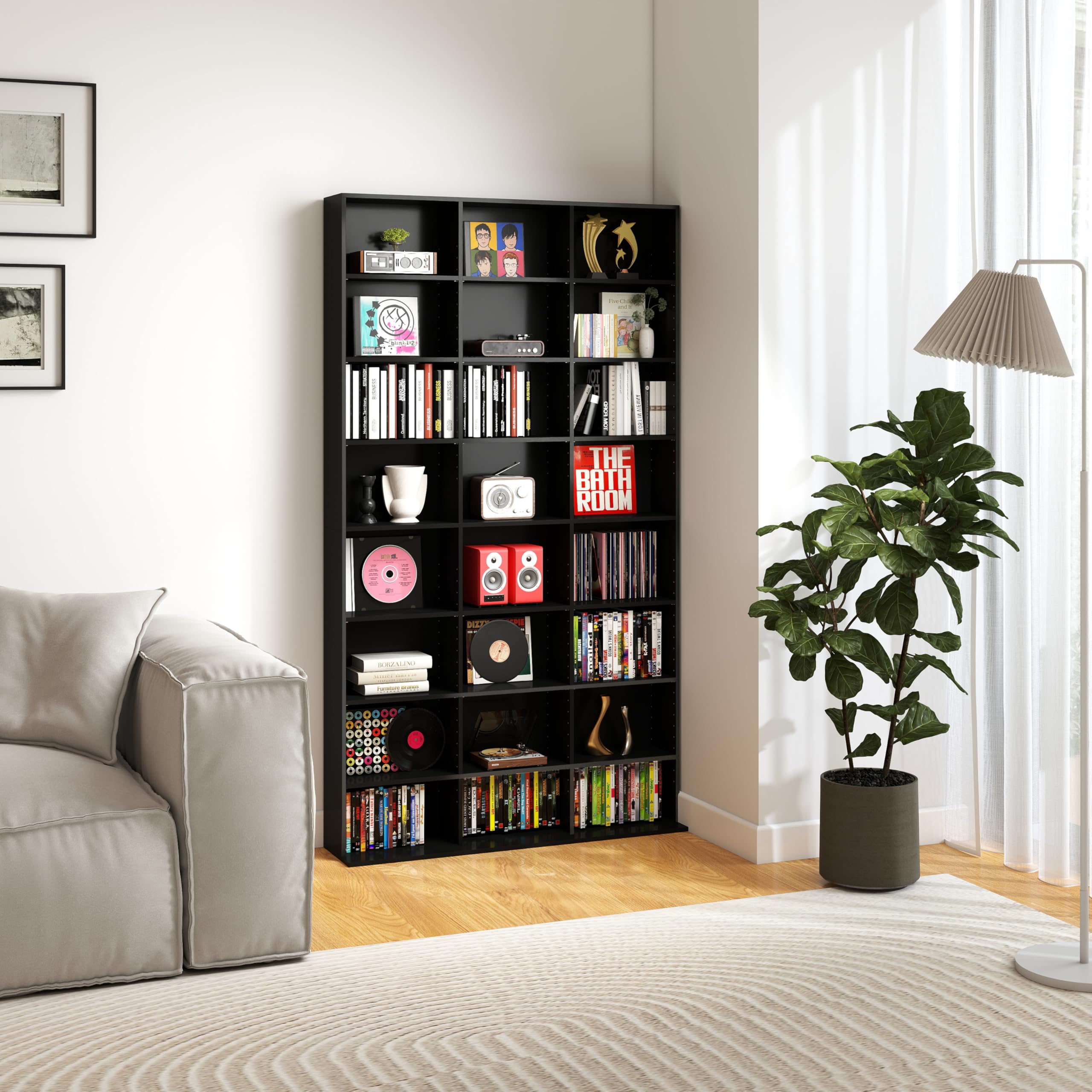 Mobile Porta CD con Ripiani Regolabili, Porta DVD a Colonna, Mobiletto DVD, 24 Scomparti, Vetrina da Collezione, adatto per Ufficio, Soggiorno e Studio, 102 x 23.5 x 180cm, Nero