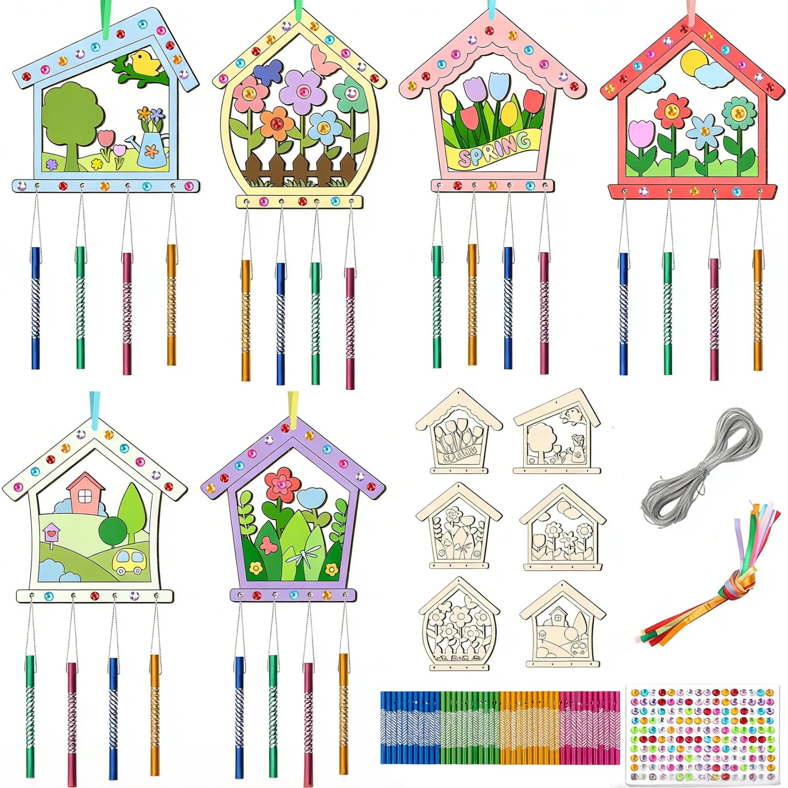 rflaueo 12pcs DIY Wooden Wind Chime, Bird House Pattern Wind Chime(L21-1)