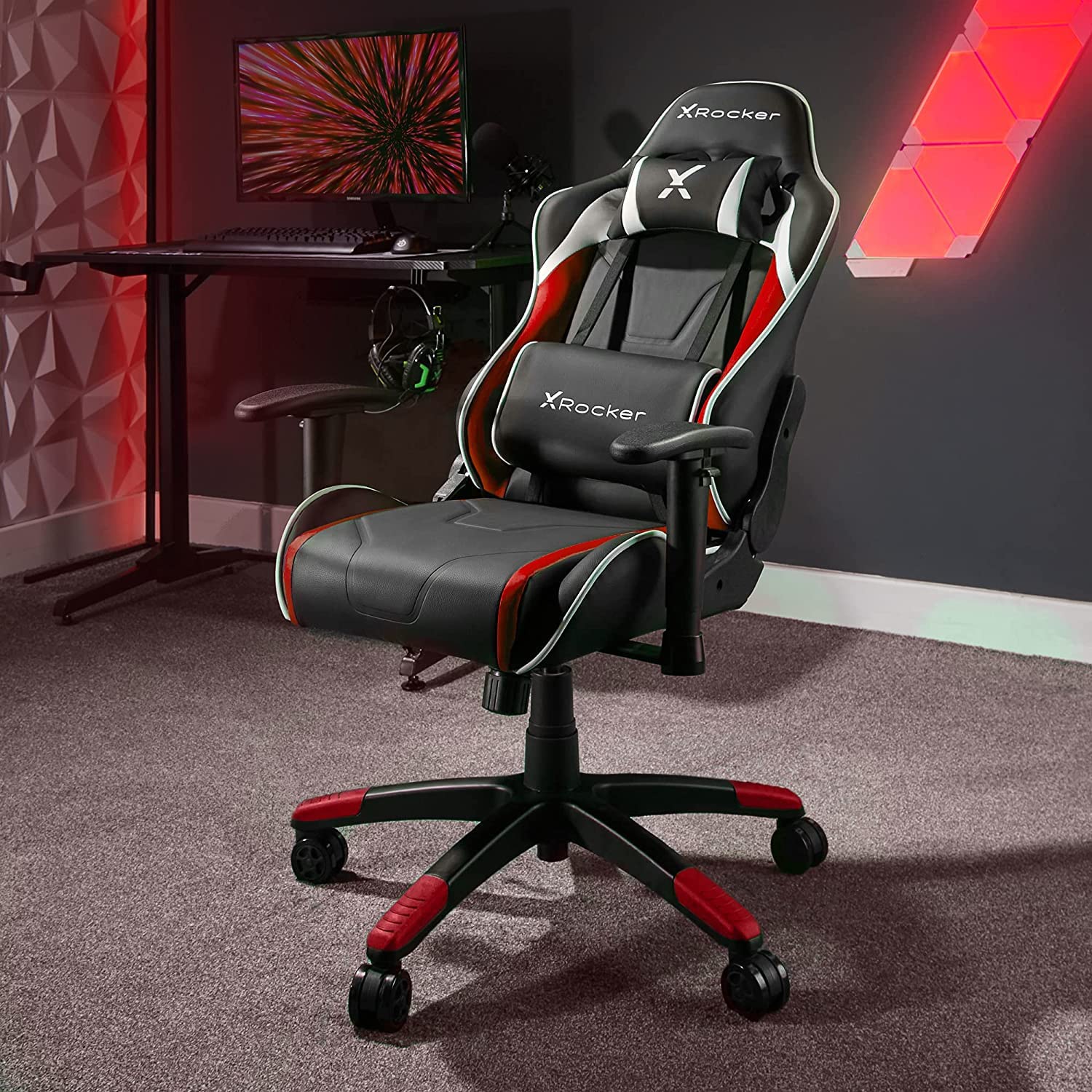 X-Rocker Agility Gaming Stuhl, Racing Computerstuhl für Kinder und Jugendliche, Drehbarer Bürostuhl, ergonomischer PC-Stuhl, Kopfstütze und Lordosenstützkissen, höhenverstellbar – Rot/Schwarz