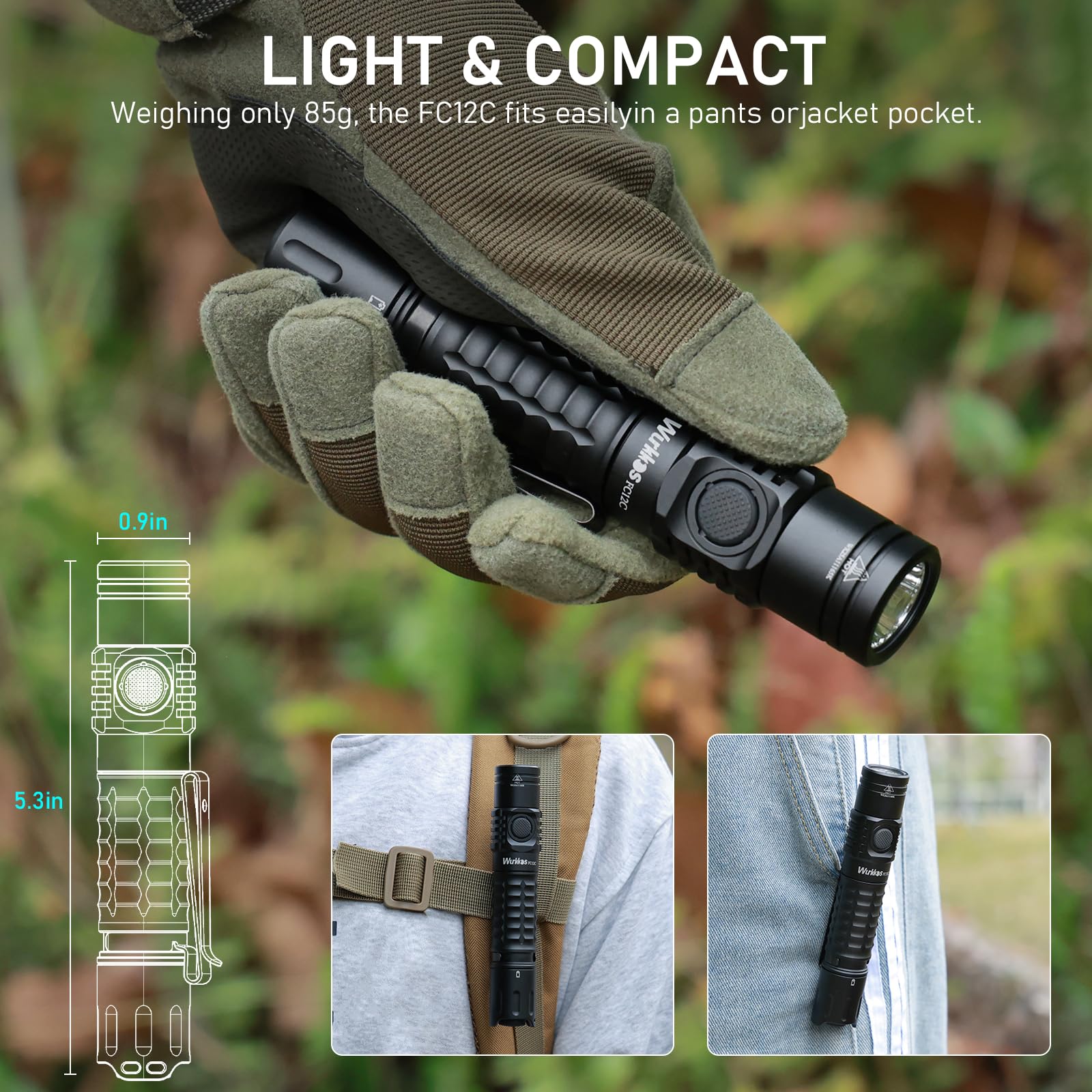 Wurkkos FC12C Linterna Táctica 1600lm LED, IPX8, USB-C | Alcance 332m, driver de corriente constante, interruptor trasero, perfecto para camping, senderismo y caza