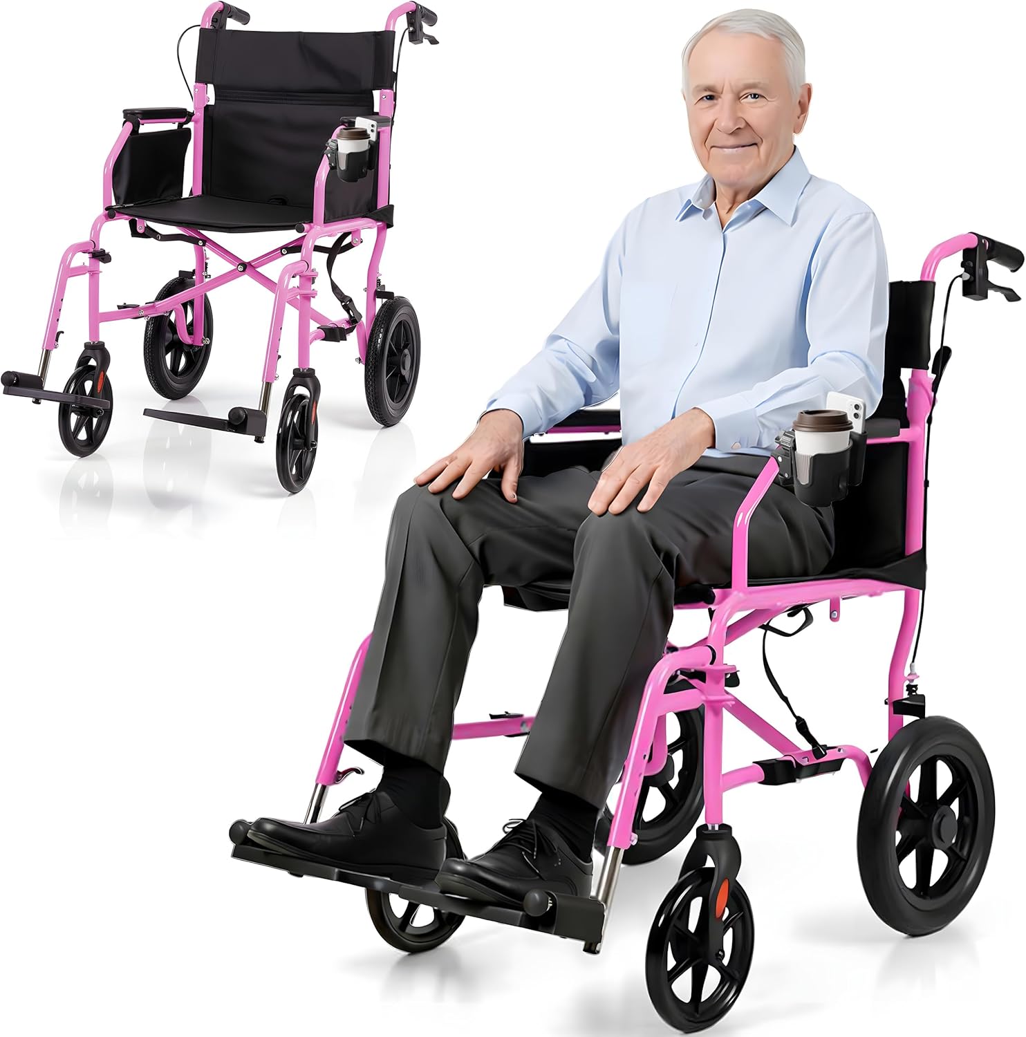 Platinum Health Hummingbird™ Ultra-Lightweight Foldable Transport Wheelchair, Handbrakes,12-Inch Rear Wheels, Extra-Wide Seat. Convenient Table-Length Padded Armrests. (Sunrise Pink)