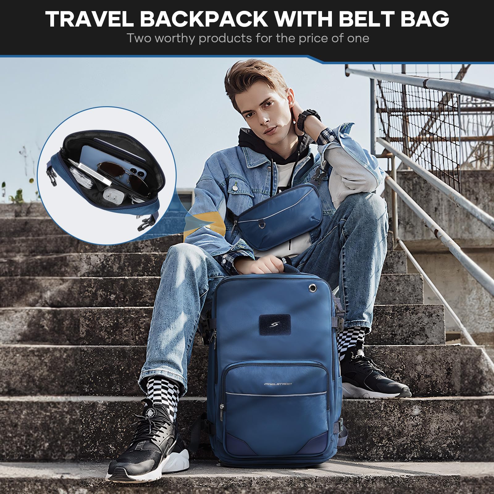 Maelstrom Mochila de viaje para hombres y mujeres, mochila de transporte de 35 L para viajar en avión, con bolsa para cinturón y compartimento para zapatos, mochila impermeable para laptop de 17