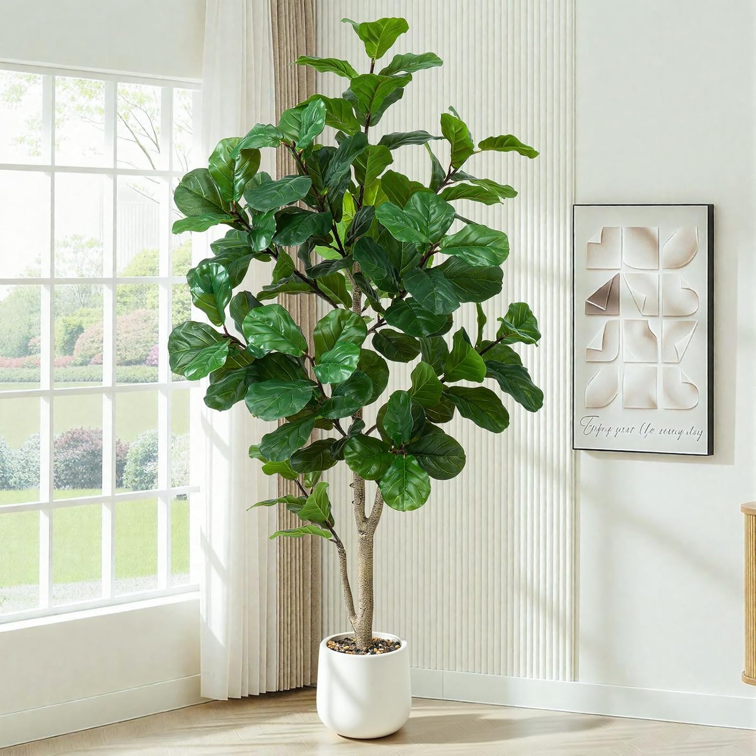 Faux Fiddle Leaf Fig Tree 7ft Tall Indoor Fake Tree in White Pot with 113 Leaves Artificial Ficus Lyrata House Plant for Indoor Home Office Bedroom Living Room Decor Perfect Housewarming Gift