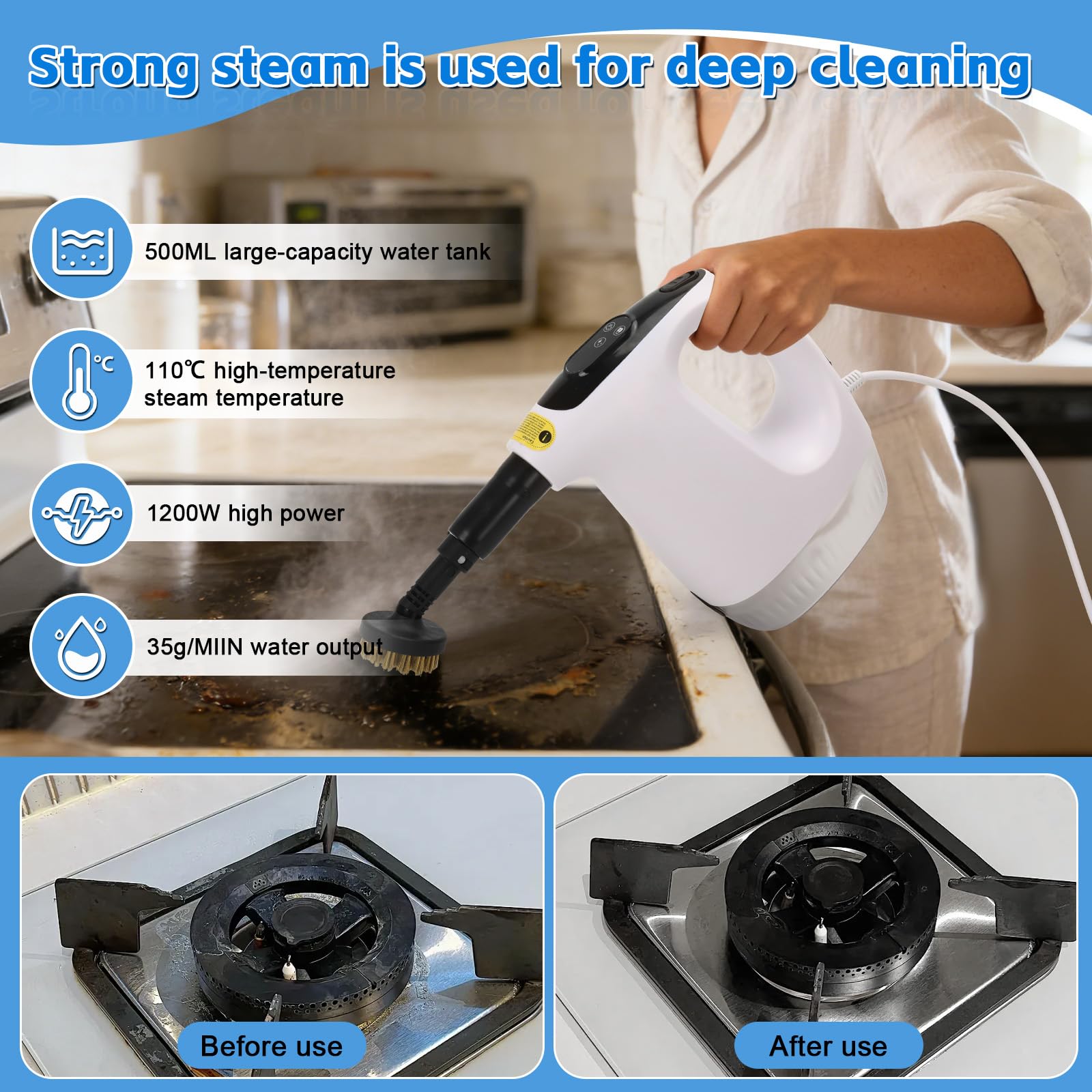 Limpiador de vapor manual de 1200 W, Vaporeta de Mano multiuso de 500ml | Roadtime 9 accesorios, Limpiador de vapor portátil Limpieza sin Químicos de 120 ℃ para hogar,suelos,baldosas,ventanas,sofá