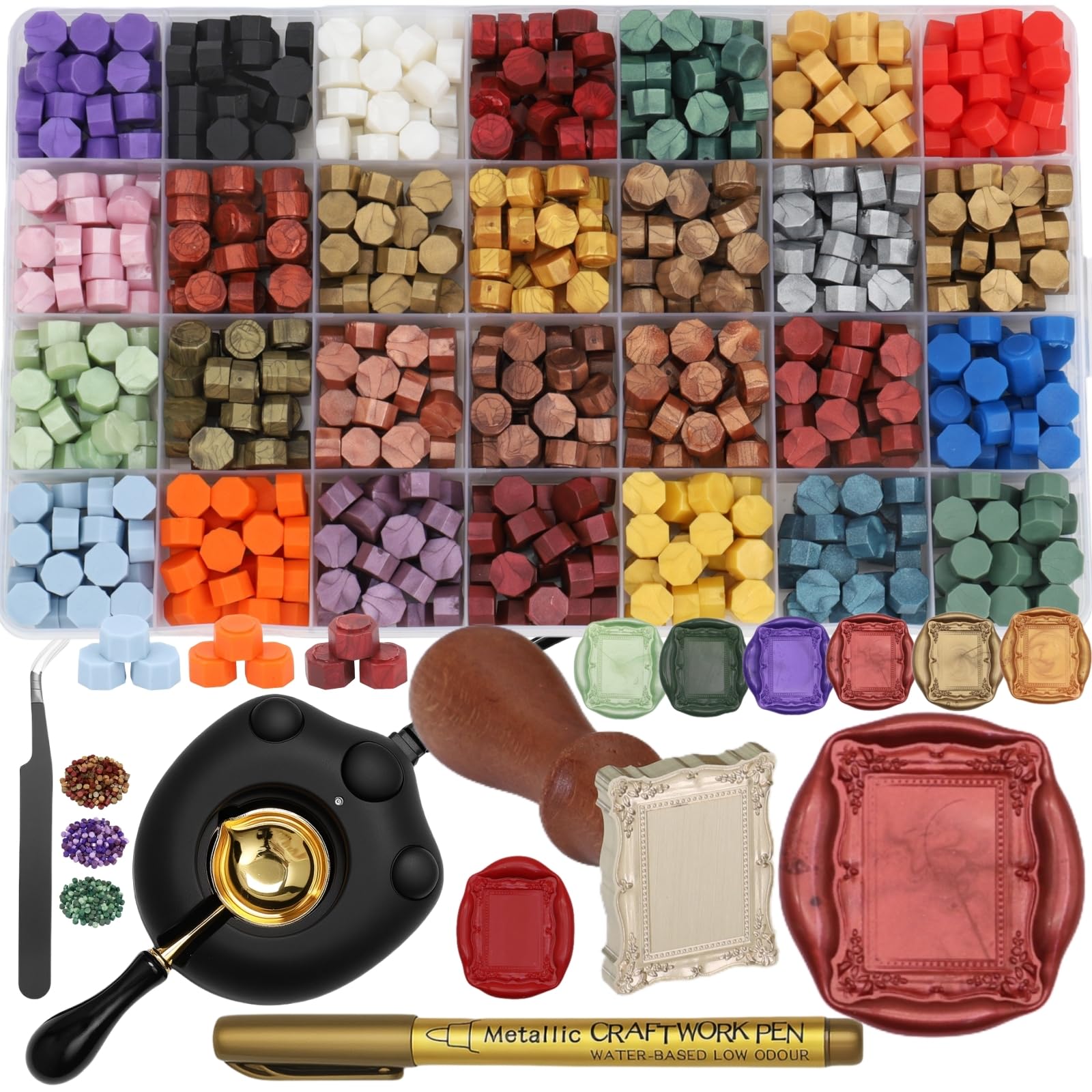Kit di 728 perline di ceralacca elettriche, con scaldacera elettrico, fornace, telaio, penna dorata, pinzette (K001)