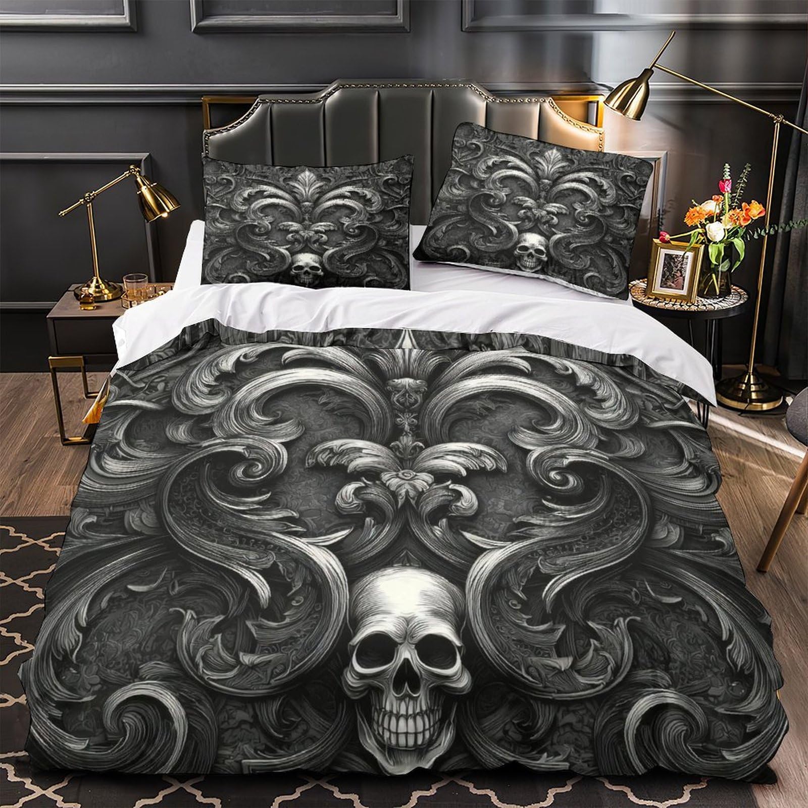 Parure de lit gothique infroissable fini les draps rêches housse de couette crâne king size 3 pcs