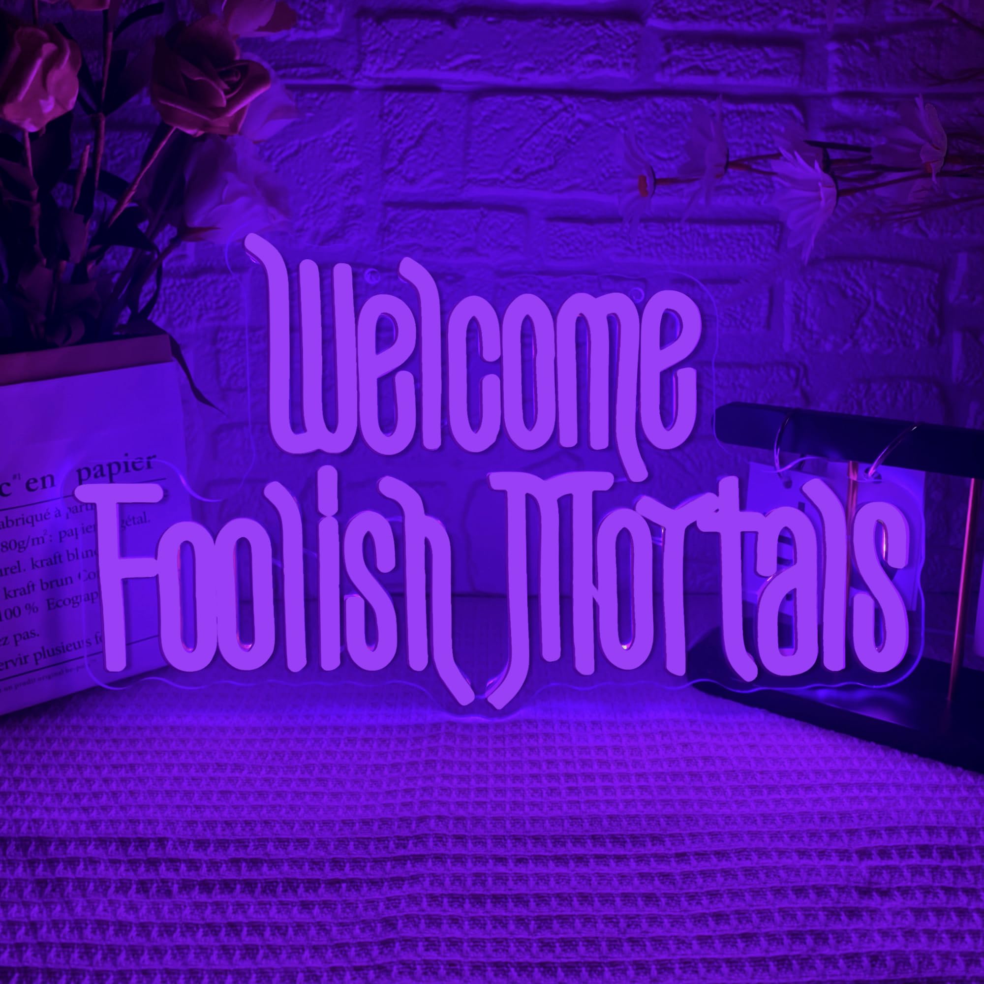 Welcome Foolish Mortals Neon Sign,Dimmable Spooky Gothic Purple Haunted Mansion Coffin LED Neon Signs for Wall Decor,USB Powered Led Neon Light for Haunted House Man Cave Halloween Party Birthday Gifts