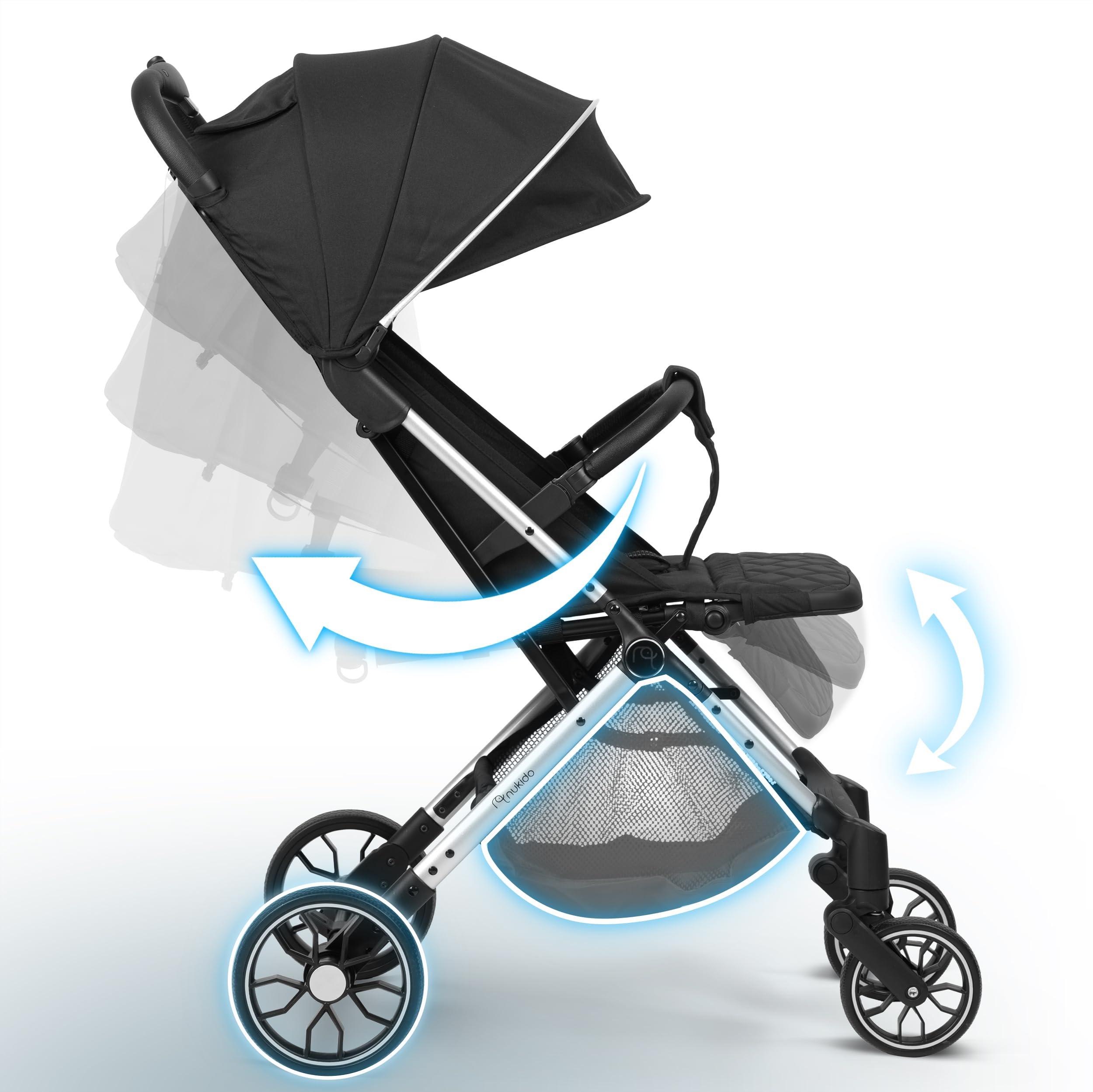 Nukido Poussette Canne pour Bébé avec Sac De Transport 0-36 Mois 0-15 kg Pliage Automatique en 2 Secondes Roues Avant À 360° Amorties Grandes Roues Arrière Tout-Terrain Noir Paseo