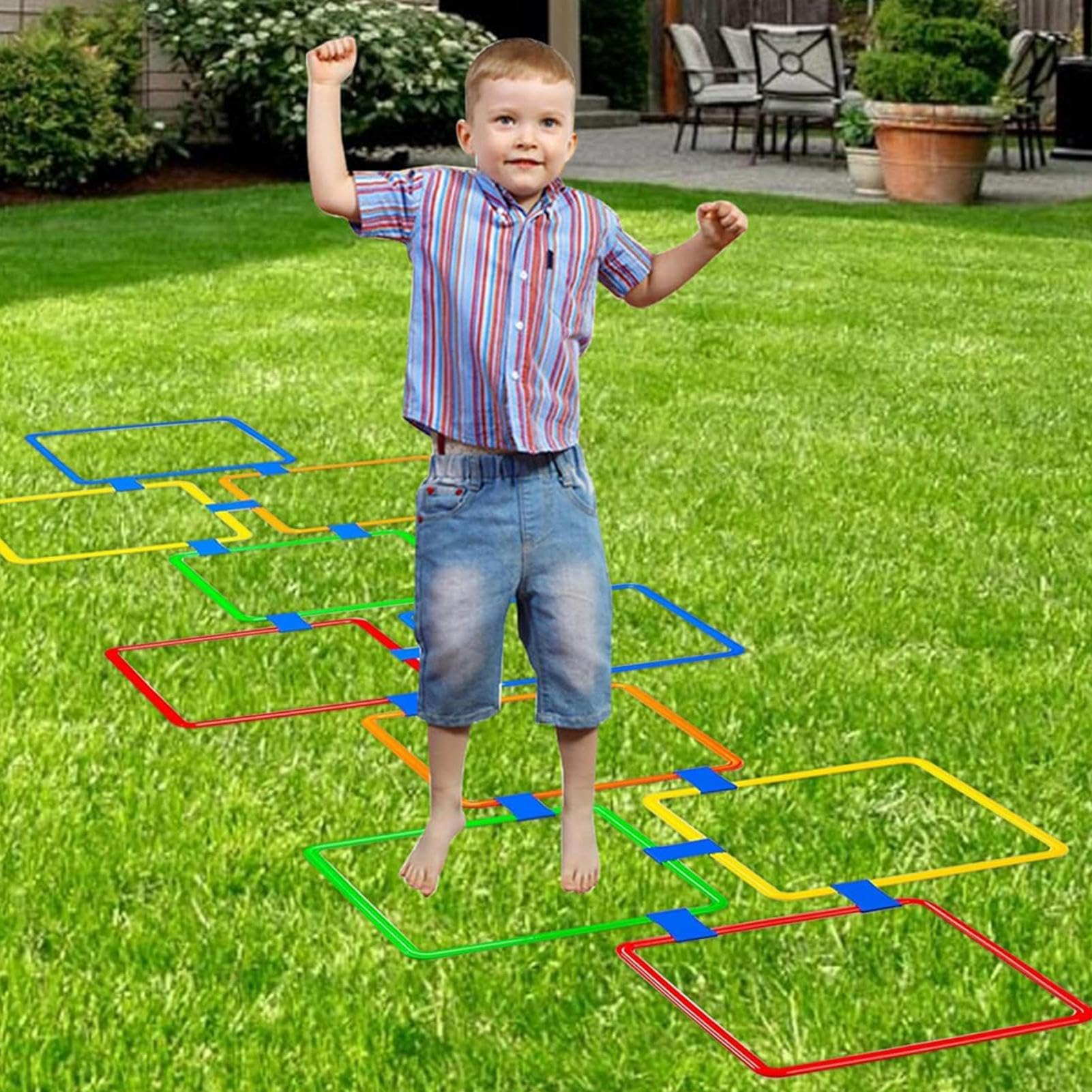 Hüpfkästchen Outdoor – Spannendes Hüpfspiel für Kinder mit Hindernisparcours, Ringen & Wurfbeuteln, 15 Zoll Quadrate mit Steckverbindern | Ideal für Indoor & Outdoor, Garten, Schule, Kinderparty, Frei