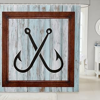 Manfei Lake House Fishing Theme Kids Shower Curtains,Fish Hook Anchor Nautical Bathroom Curtains for Girls Boys Adults,Teal Wooden Plank Rustic Retro Waterproof Curtains,12 Hooks Suits,72" W x 72" L