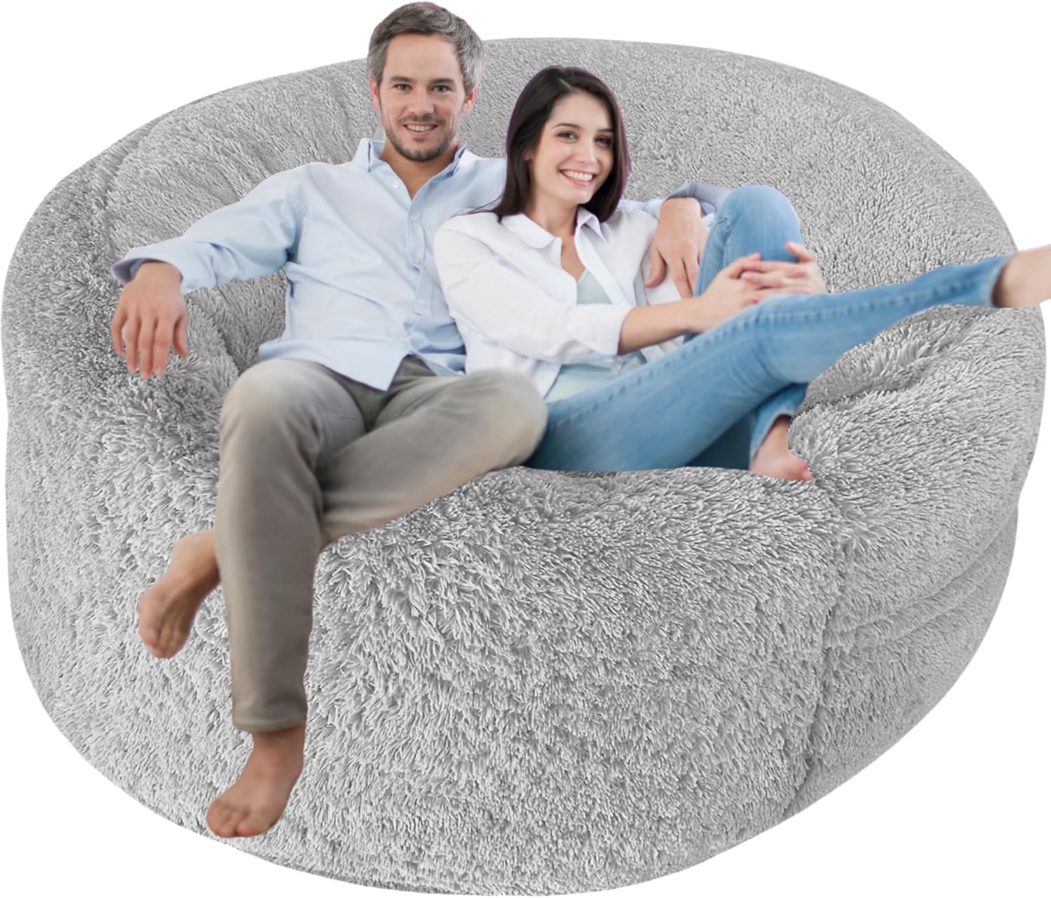 Fluffy Bean Bag Chair Cover for Adults Teens or Kids, xl Faux Fur Stuffed Animal Storage (Light Grey, 5 ft (Cover Only)) Light Grey 5 ft (Cover Only)
