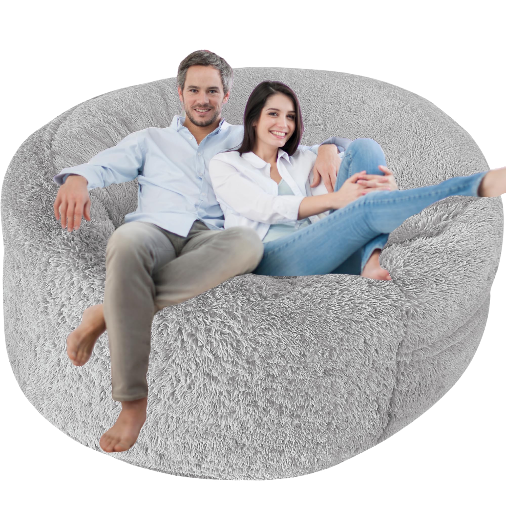 Delmach Fluffy Bean Bag Chair Cover for Adults Teens or Kids, xl Faux Fur Stuffed Animal Storage (Light Grey, 5 ft (Cover Only))