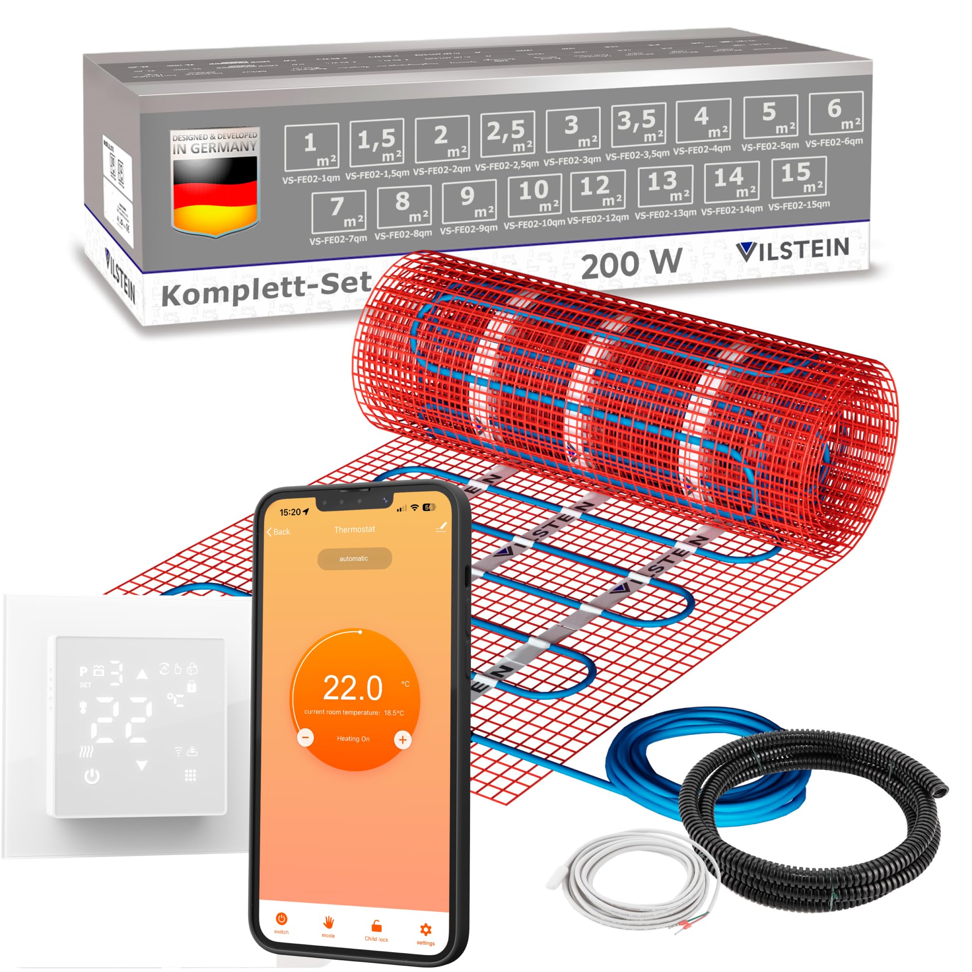 VILSTEIN® Elektrische Fußbodenheizung 200W/m² Set – Komplettset mit WiFi | Touchscreen-Thermostat & App-Steuerung – Heizmatte Twin-Technologie geeignet für Laminat, Fliesen & mehr – 5m²
