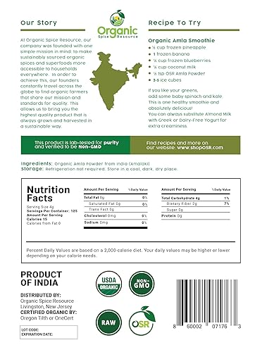 Miniatura 2 de SHOPOSR - Polvo orgánico de Amla - 1.1 libras o 17.54 onzas Amalaki, USDA Organics, sin OMG, Kosher, Halal - 100% crudo y natural, por SHOPOSR