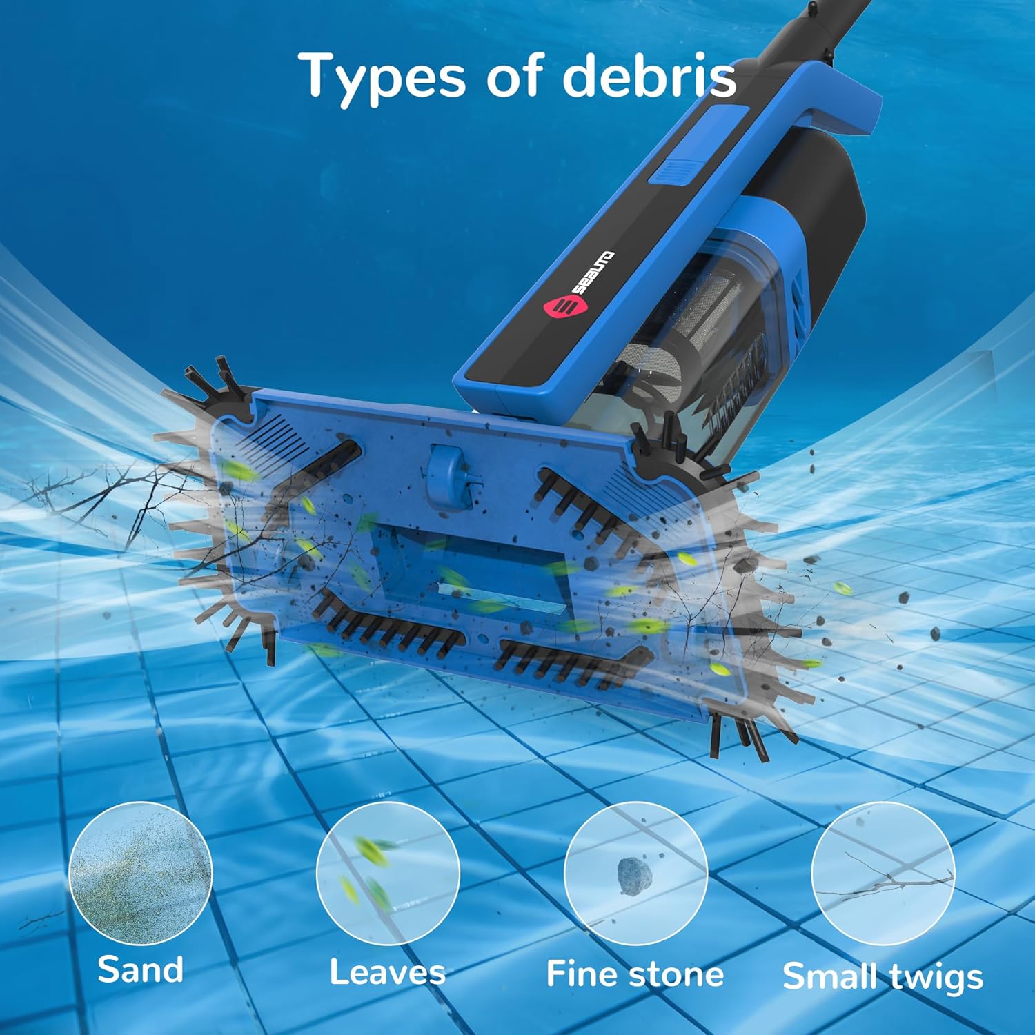 Illustration of debris types the Seauto SC001 Cordless Pool Vacuum can clean: sand, leaves, fine stone, small twigs