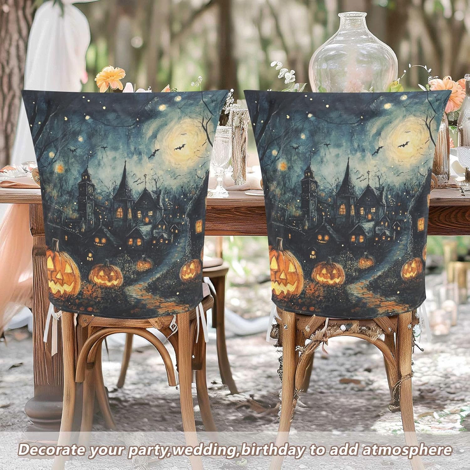 ALAZA Halloween Night Pumpkin Chair Back Cover Set of 6, Washable Reusable Removable Chair Slipcovers Decorative Chair Cover for Home Kitchen Wedding Party