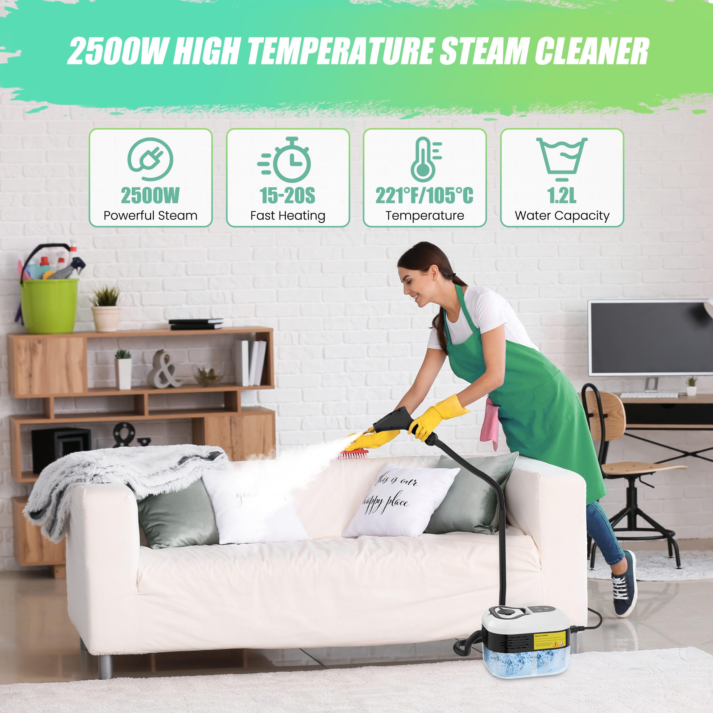 Pulitore a Vapore 2500W con Pulsante Touch Regolabile, Serbatoio Dell'acqua da 1200ml, 4 Accessori in 6 Velocità Regolabili, Pulitore a Vapore Portatile Riscaldamento Rapido da 15 Secondi per Cucina