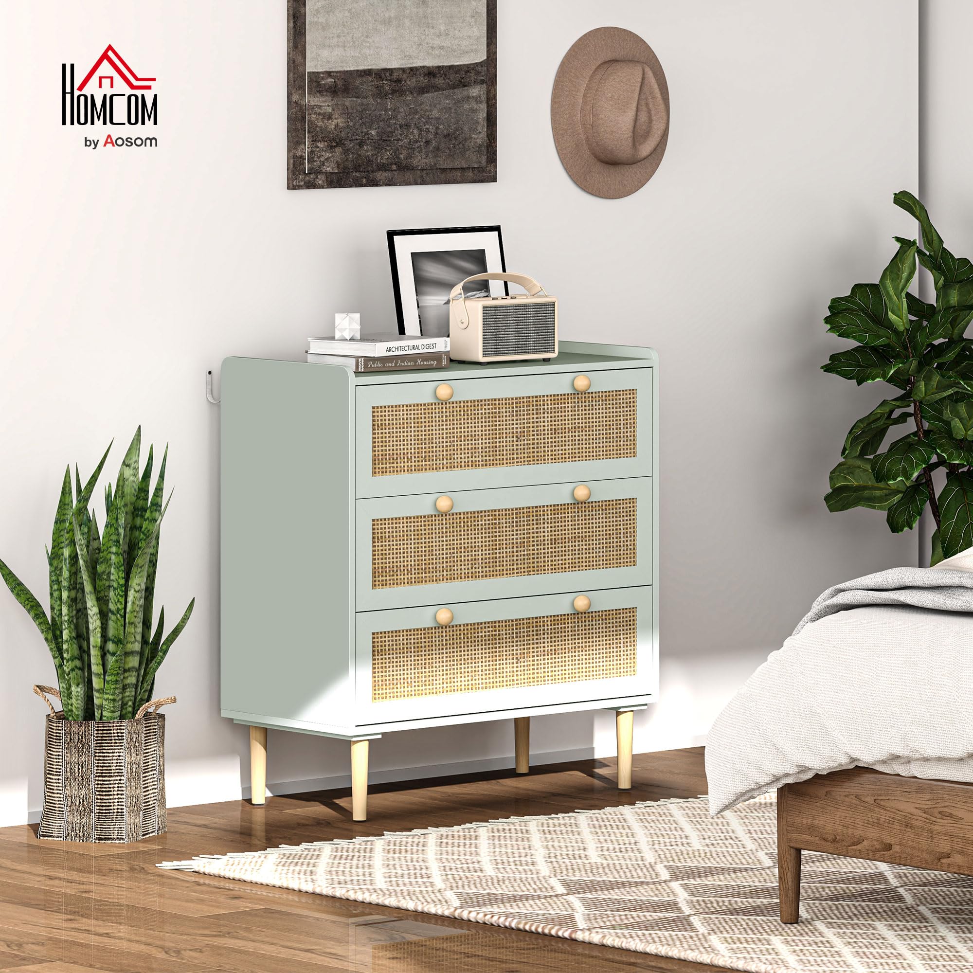HOMCOM Commode 3 Tiroirs Rangement Bohème 80 x 40 x 87,5 cm Vert Olive | Commode Chambre, Meuble de Rangement, Effet Rotin Naturel, Cadre en Bois, pour Chambre à Coucher, Salon, Entrée