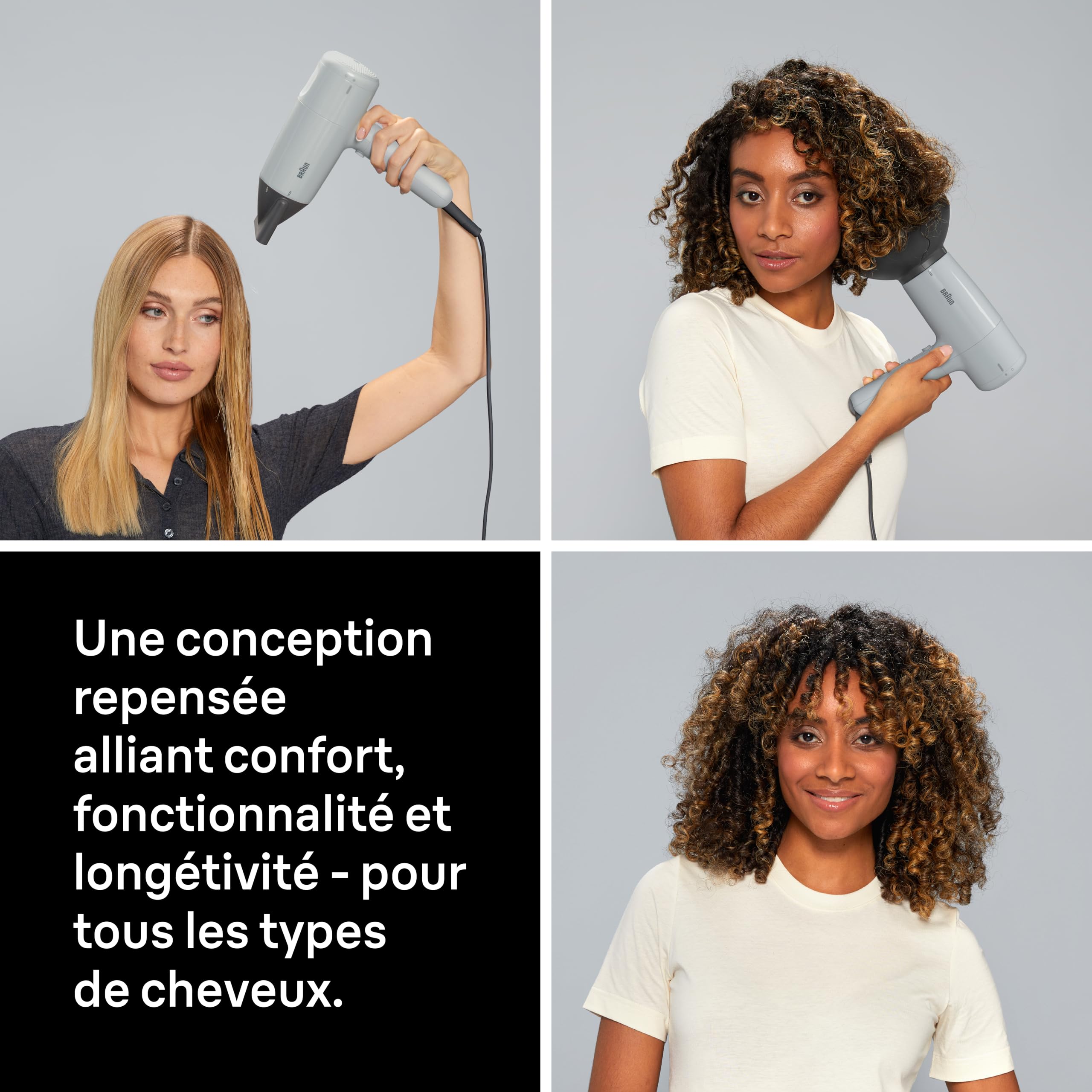 Sèche-Cheveux Braun HD2.35, Puissant avec Diffuseur, Peigne Lisseur et Concentrateur, Technologie IONTEC, Moteur 2200W avec 3 Réglages de Températures et 2 Vitesses, Finition Gris Satiné, BRHD235E