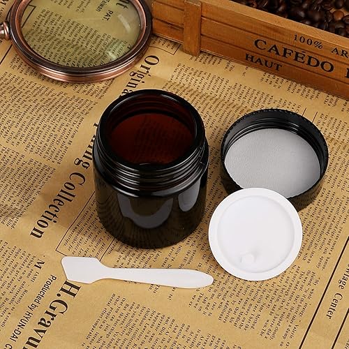 Miniatura 4 de Paquete de 24 tarros de vidrio ámbar de 2 onzas con tapas negras, recipientes redondos vacíos para exfoliantes, lociones, cosméticos y ungüentos,