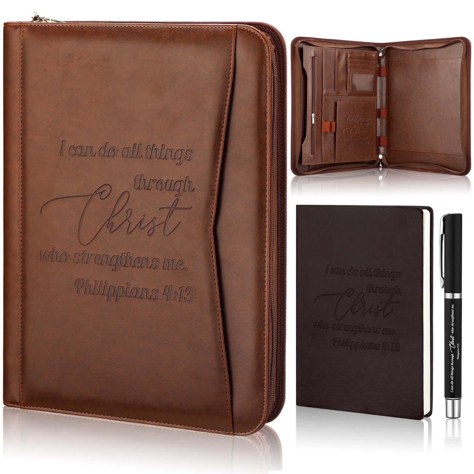 3 Pcs Christian Gifts for Men Women Pastor's Appreciation Gifts Leather Bible Verse Portfolio Scripture Notebook Bible Pen Religious Christmas Presents Coworkers Pastor(Philippians 4:13)