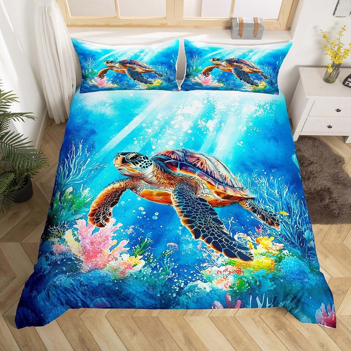 jejeloiu Sea Turtle Duvet Cover Ocean Wildlife Bedding Set for Kids Boys Girls Coral Sea Animals Comforter Cover Nautical Bedspread Cover Bedroom Collection 2Pcs Toddler Size,No Comforter