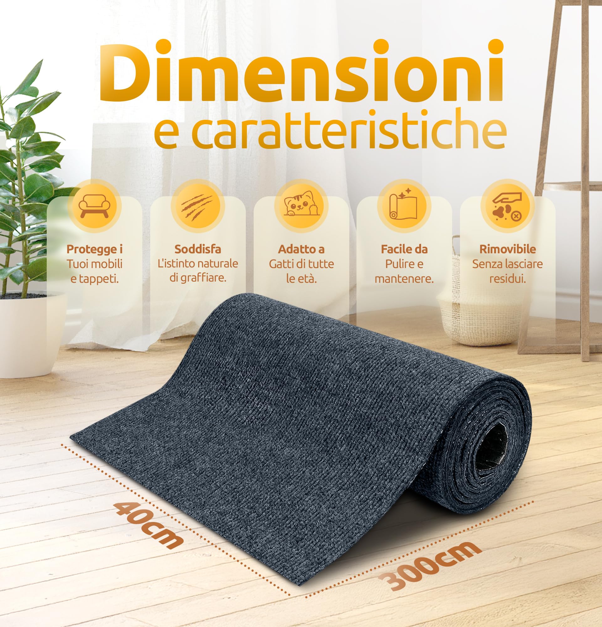 Tappeto Tiragraffi per Gatti Grandi e Piccolo 300x40cm XL Autoadesivo, Grigio Bluastro, Protezione Divano e Mobili con Giocattolo - Tiragraffi Per Gatti Adulti Xxl - Protezione Divano Graffi