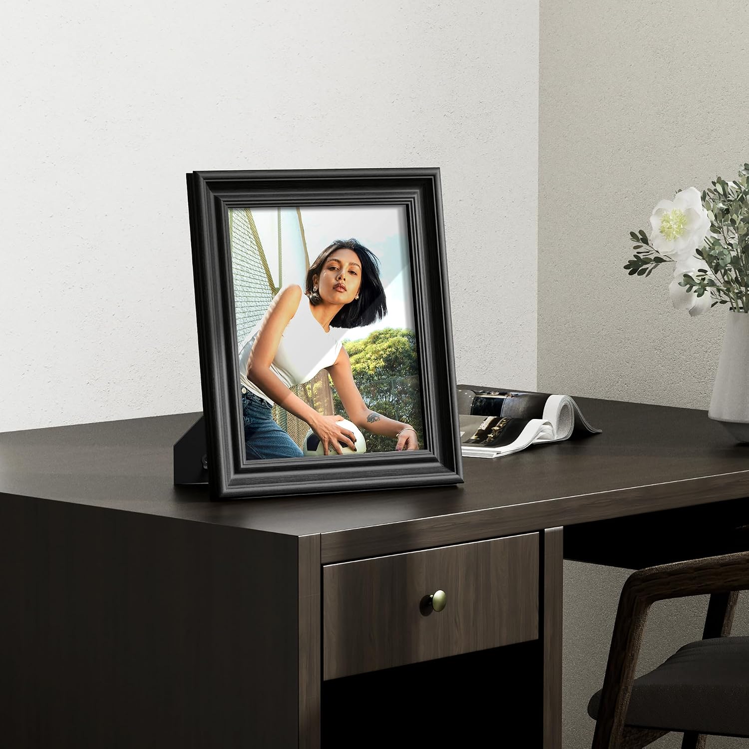 8x10 Picture Frame, Table Top or Wall Mount for 8x10 Picture & Real Glass, Vintage Frames, Black Woodgrain, 1 Pack