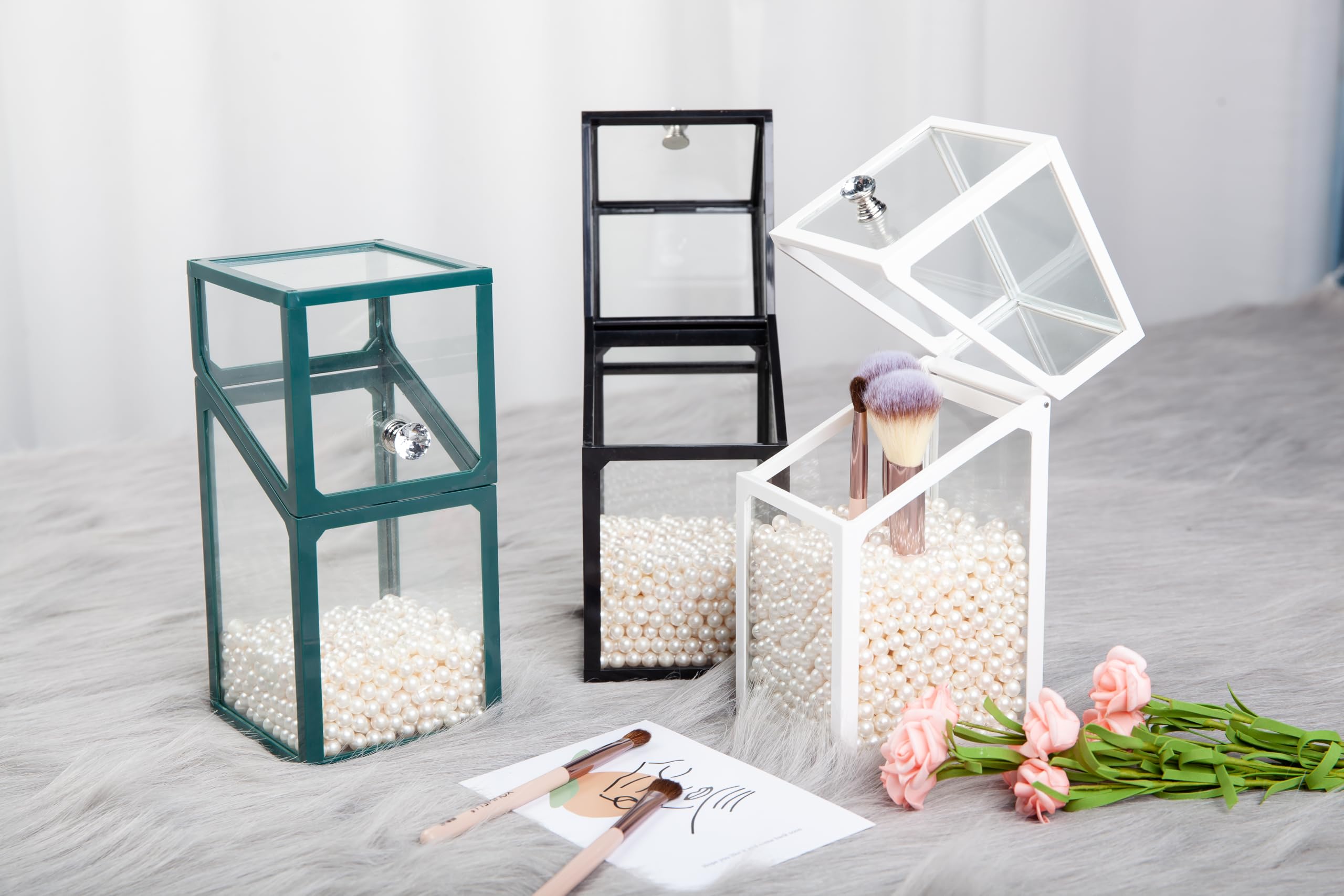 London Boutique Luxury Glass Makeup Brush Holder with Pearl Beads, 21cm Height, Dustproof Lid, Available in White/Black/Green (White) - Image 4