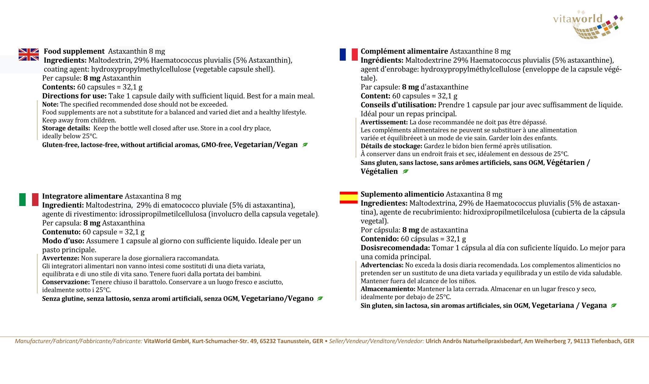 Vita World Pack de 3 Astaxanthine 8mg 3 x 60 Capsules végétales sans additifs 100% naturel de Haematococcus pluvialis Made in Germany
