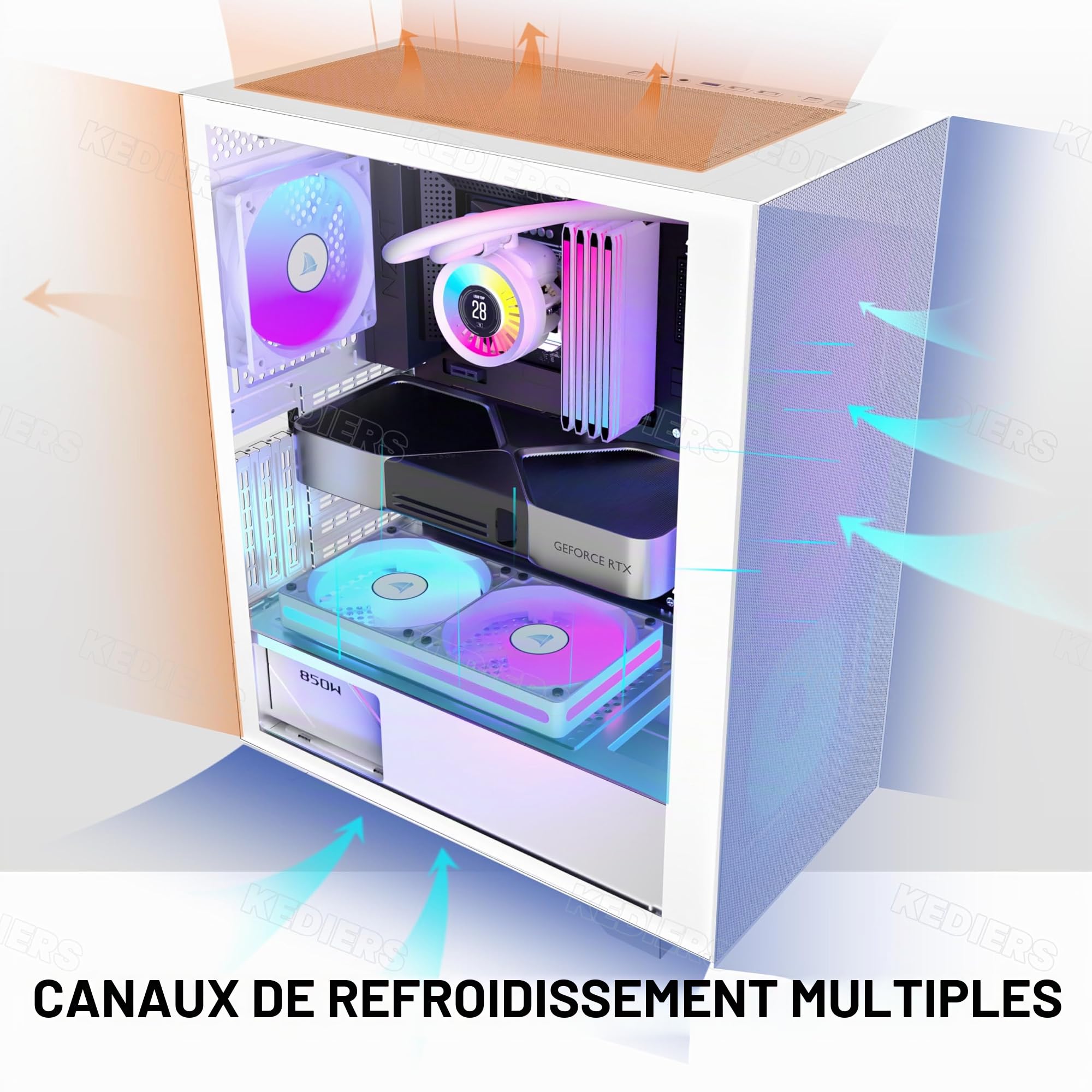 KEDIERS Boitier PC - 6 Ventilateurs PWM préinstallés, boitier de Jeu ATX Mid Tower en Maille avec Panneau latéral ouvrant en Verre trempé