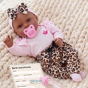 The Magic Toy Shop BiBi Doll Reborn Black Baby Girl Doll  Iris  17 Inch   Realistic Newborn with Dummy, Bottle, Birth Certificate   Poseable Soft Body, Vinyl Limbs & Hand-Painted Details