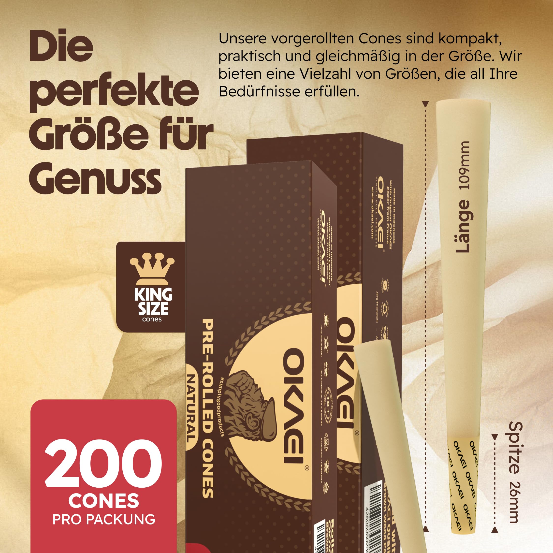 OKAEI Natural King Size Cones 200 Stück - vorgedrehte ungebleichte Hülsen aus Holzpapier, langsam brennend & vegan