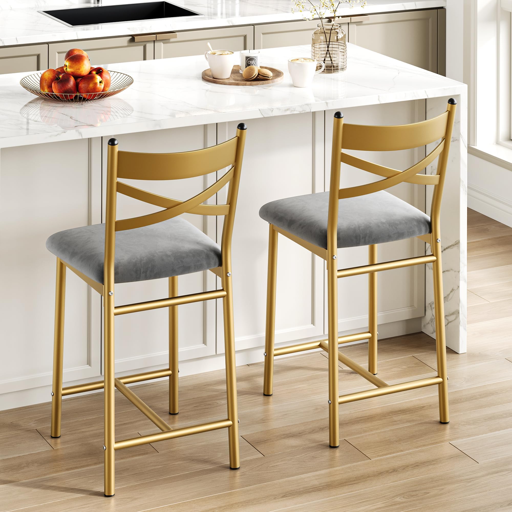 Garvee Taburete Alto Industrial Dorado con Respaldo y Asiento Acolchado, tapizado Moderno y cómodo para Cocina, Barra, Comedor o apartamento, Set de 2, 66 cm (26 Pulgadas)