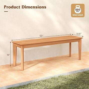 Tangkula 55 Teak Wood Outdoor Bench, 3-Person Backless Patio Dining Bench with 880 LBS Weight Capacity, Outdoor Patio Bench Seat for Garden, Front Porch and Backyard